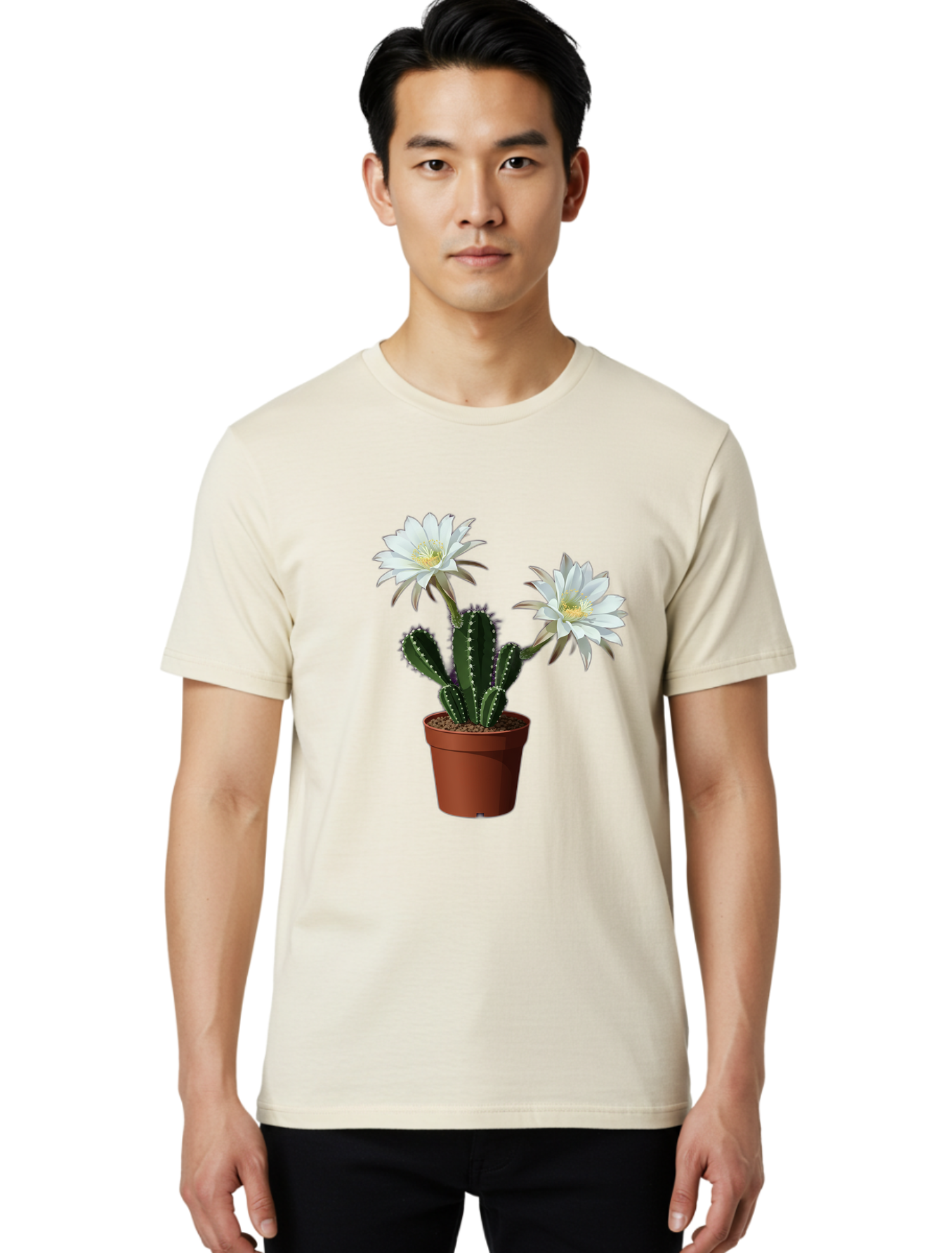 Cactus-Flowers-1 Men'S Graphic Tee, 100% Cotton, Comfortable Casual Summer Wear, Machine Washable, White Cactus Flowers, Cactus In Terracotta Pot, Desert Flora, Succulent Plants, Flowering Cacti, Indoor Plants, Potted Cactus, Blooming Cactus Bac738