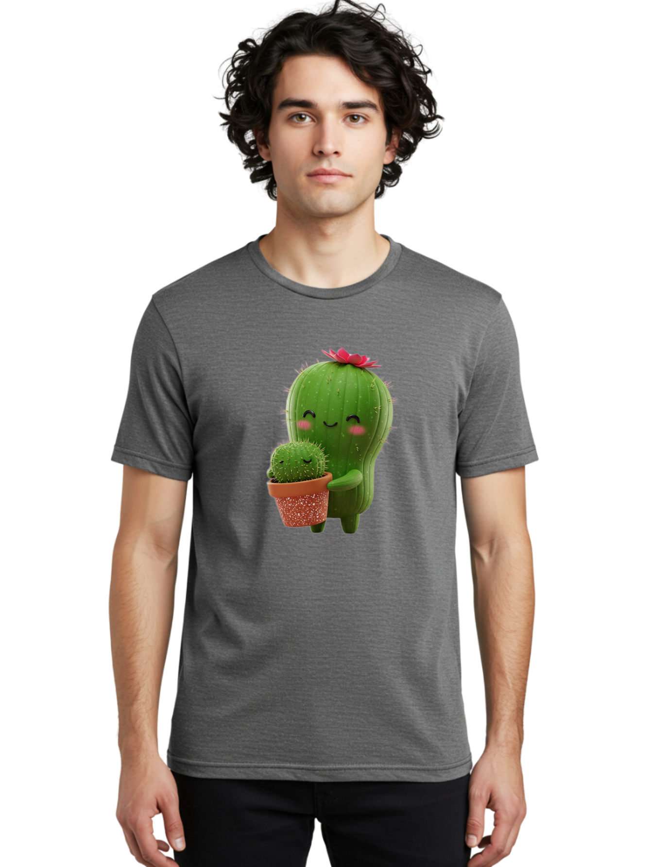 Cactus-Friends-1 Men'S Graphic Tee, 100% Cotton, Comfortable Casual Summer Wear, Machine Washable, Cute Cactus, Cartoon Cacti, Smiling Cactus, Cactus With Flower, Adorable Plants, Potted Cactus, Friendly Desert Plants, Kawaii Cactus, Bac740