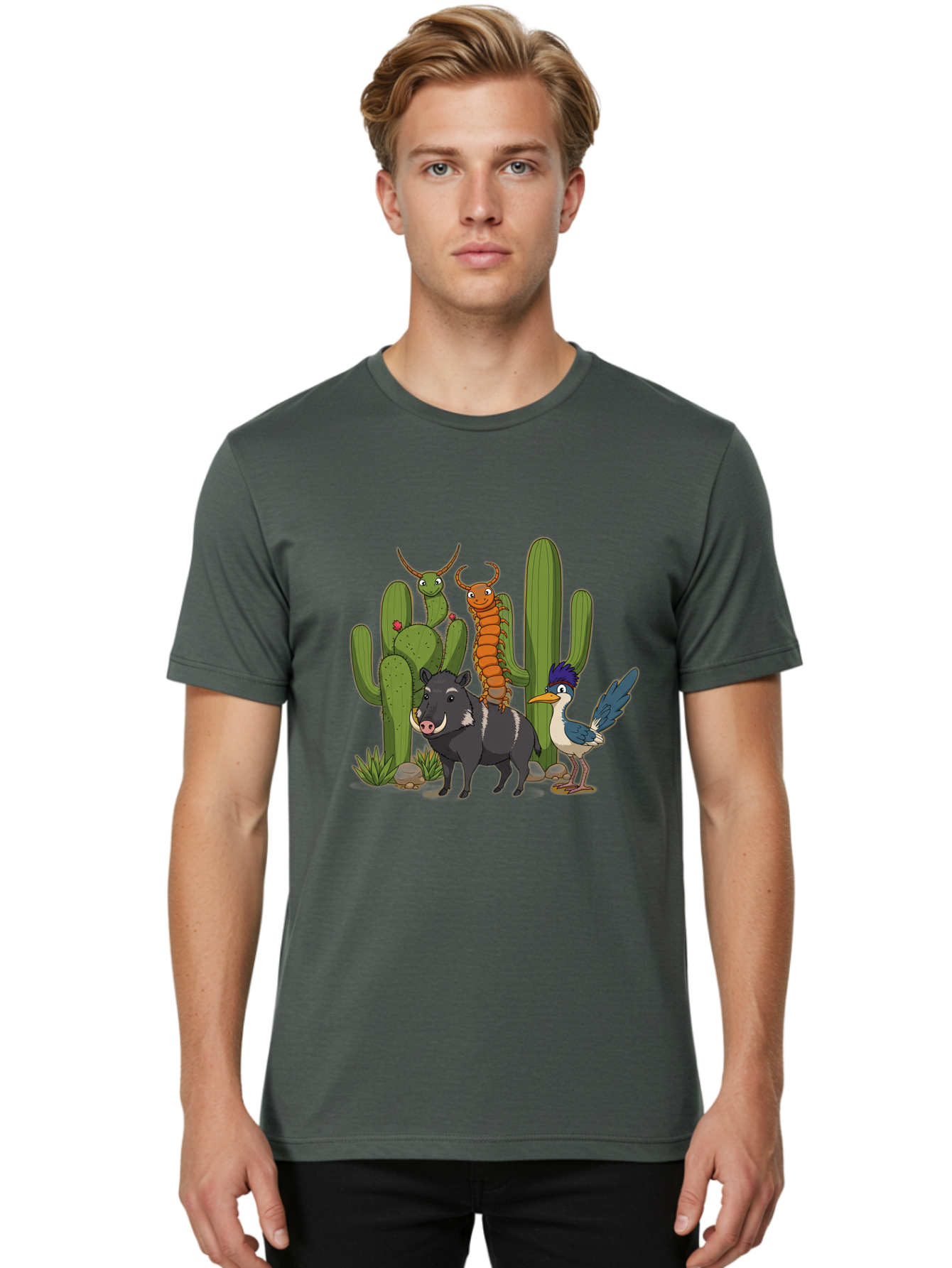 Cactus-Friends Men'S Graphic Tee, 100% Cotton, Comfortable Casual Summer Wear, Machine Washable, Desert Wildlife, Cactus Plants, Cartoon Animals, Pig, Bird, Insects, Funny Creatures, 2D Illustration, Arid Landscape, Vibrant Colors, Bac741