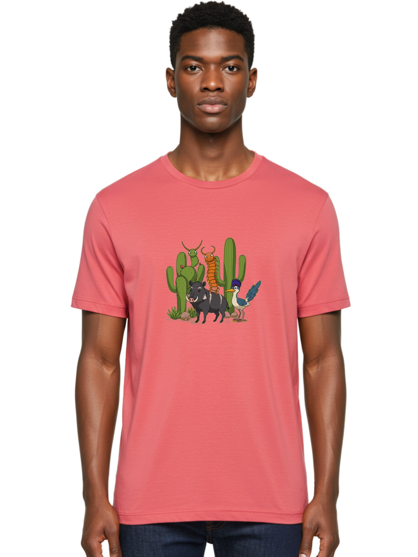 Cactus-Friends Men'S Graphic Tee, 100% Cotton, Comfortable Casual Summer Wear, Machine Washable, Desert Wildlife, Cactus Plants, Cartoon Animals, Pig, Bird, Insects, Funny Creatures, 2D Illustration, Arid Landscape, Vibrant Colors, Bac741