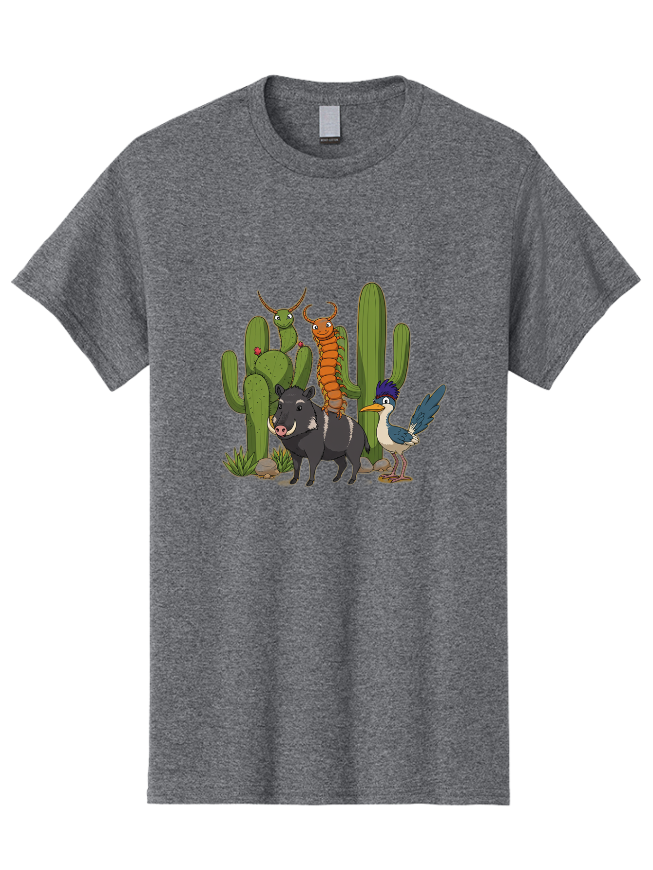 Cactus-Friends Men'S Graphic Tee, 100% Cotton, Comfortable Casual Summer Wear, Machine Washable, Desert Wildlife, Cactus Plants, Cartoon Animals, Pig, Bird, Insects, Funny Creatures, 2D Illustration, Arid Landscape, Vibrant Colors, Bac741