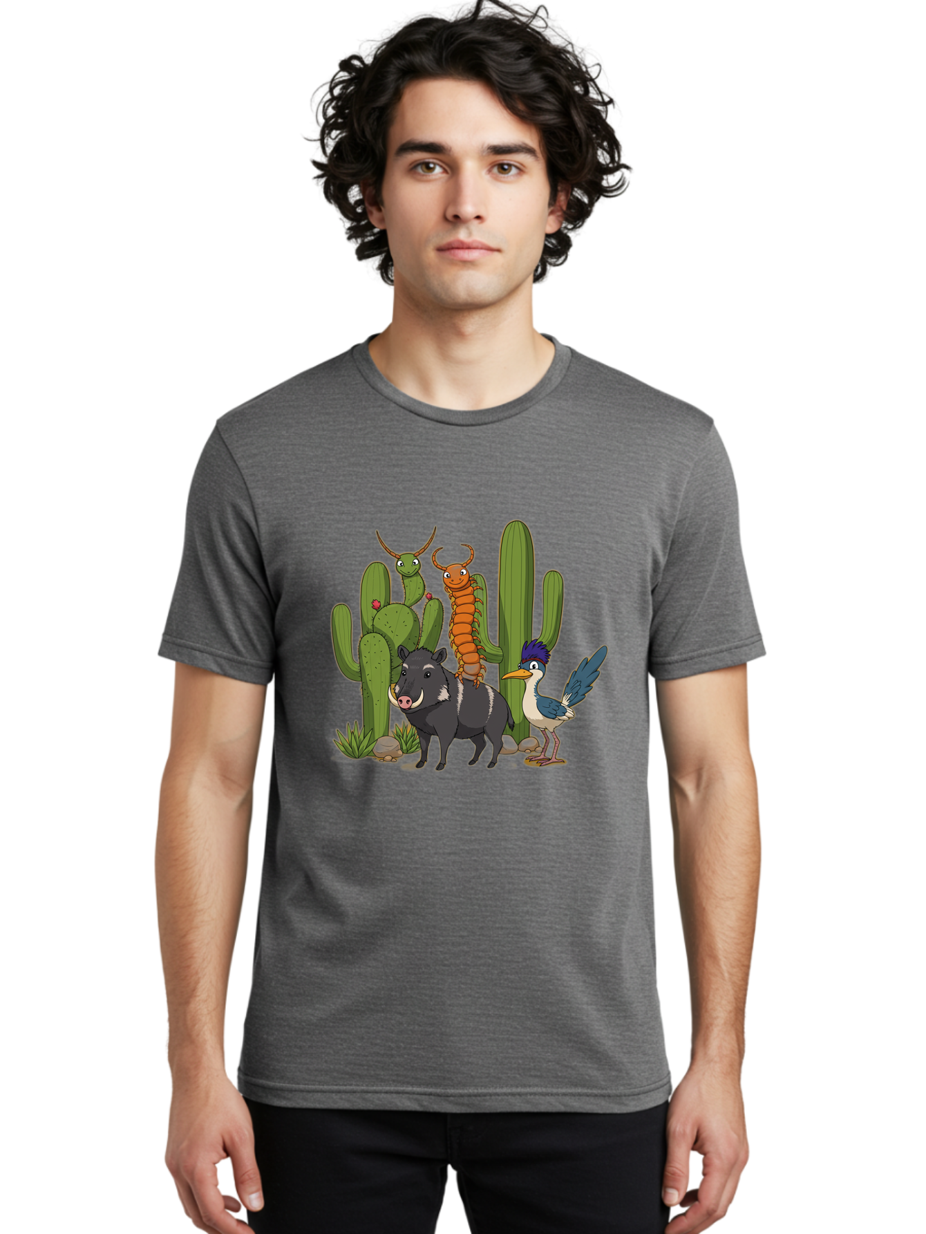 Cactus-Friends Men'S Graphic Tee, 100% Cotton, Comfortable Casual Summer Wear, Machine Washable, Desert Wildlife, Cactus Plants, Cartoon Animals, Pig, Bird, Insects, Funny Creatures, 2D Illustration, Arid Landscape, Vibrant Colors, Bac741
