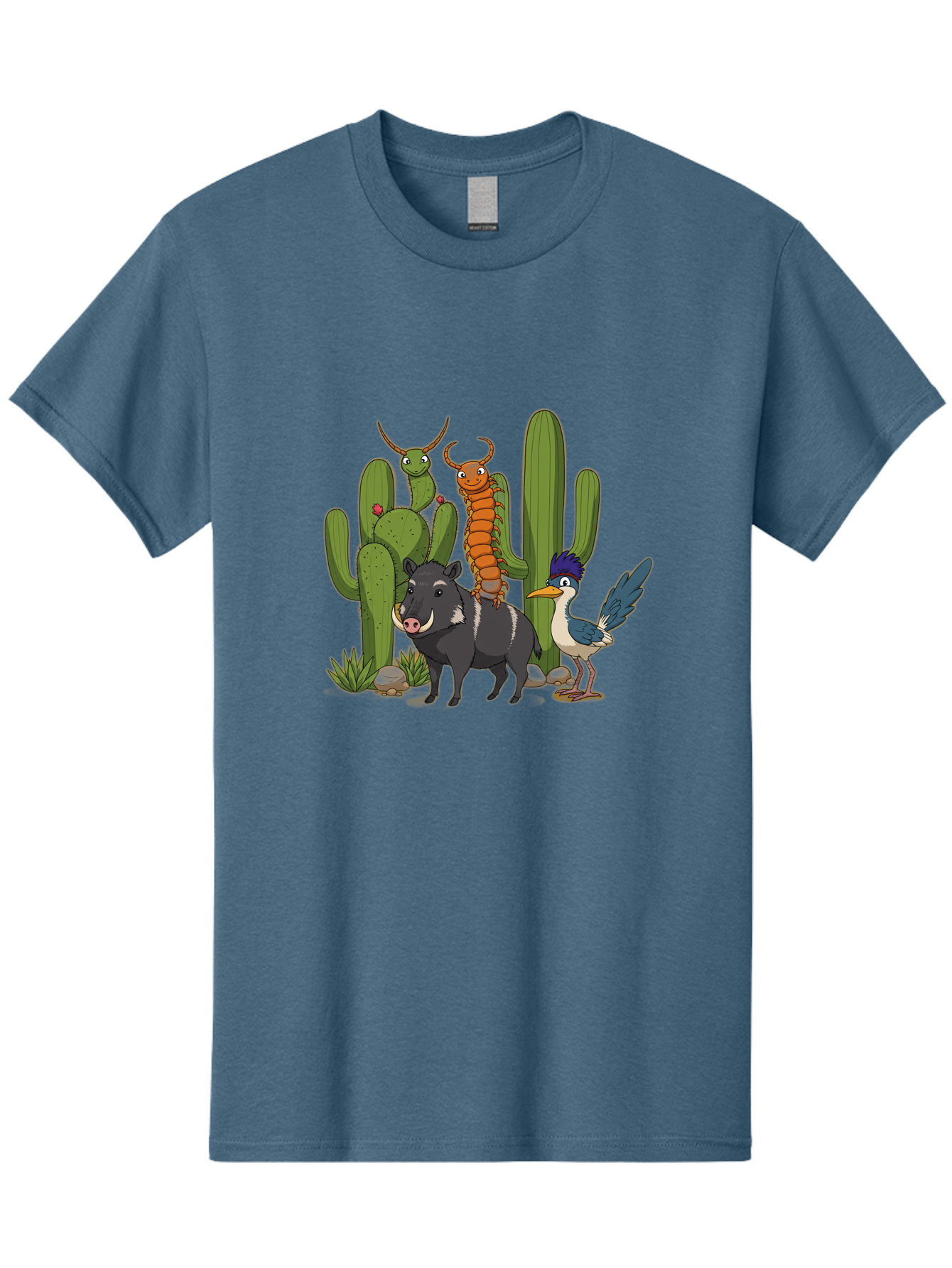 Cactus-Friends Men'S Graphic Tee, 100% Cotton, Comfortable Casual Summer Wear, Machine Washable, Desert Wildlife, Cactus Plants, Cartoon Animals, Pig, Bird, Insects, Funny Creatures, 2D Illustration, Arid Landscape, Vibrant Colors, Bac741