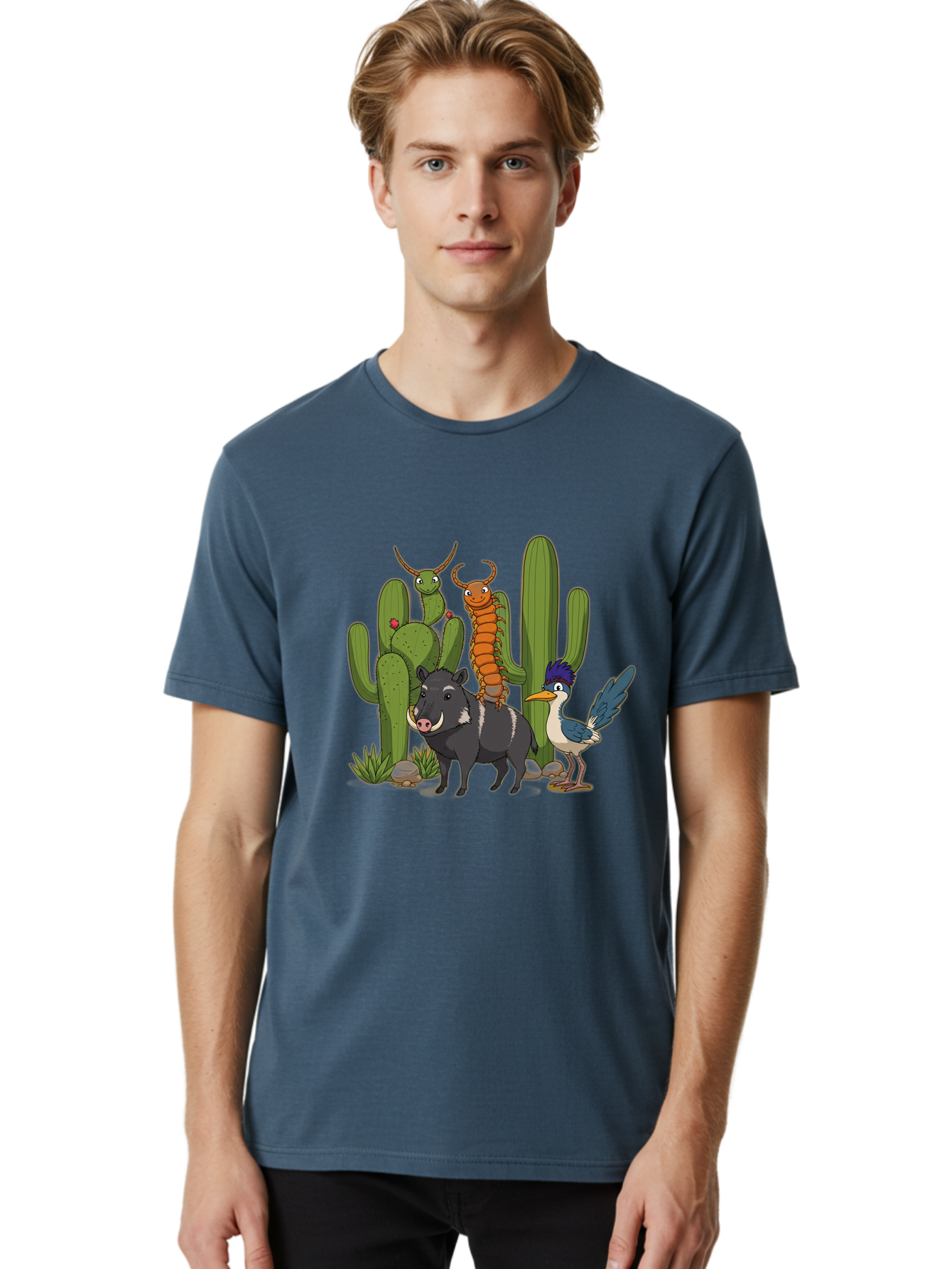 Cactus-Friends Men'S Graphic Tee, 100% Cotton, Comfortable Casual Summer Wear, Machine Washable, Desert Wildlife, Cactus Plants, Cartoon Animals, Pig, Bird, Insects, Funny Creatures, 2D Illustration, Arid Landscape, Vibrant Colors, Bac741
