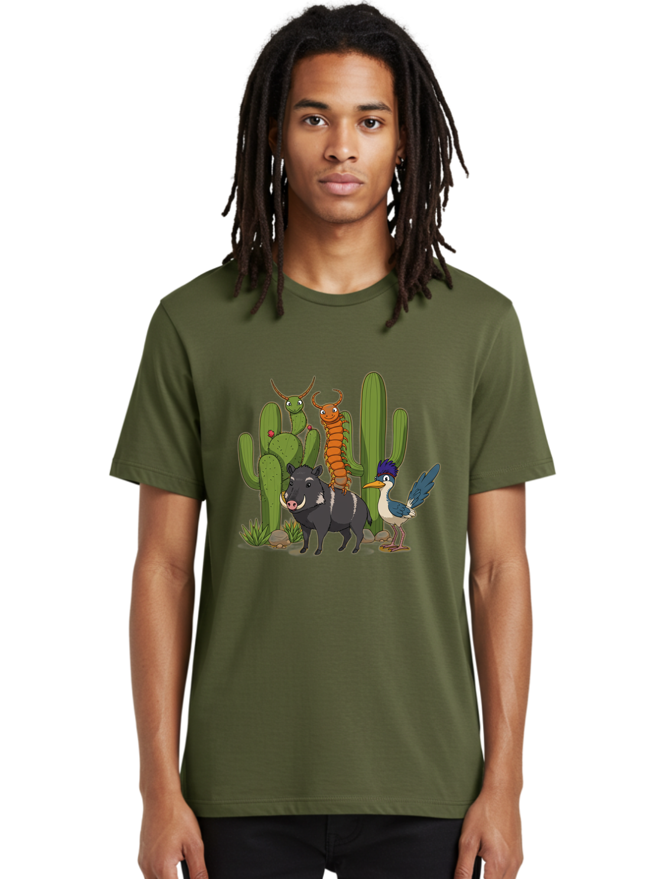 Cactus-Friends Men'S Graphic Tee, 100% Cotton, Comfortable Casual Summer Wear, Machine Washable, Desert Wildlife, Cactus Plants, Cartoon Animals, Pig, Bird, Insects, Funny Creatures, 2D Illustration, Arid Landscape, Vibrant Colors, Bac741