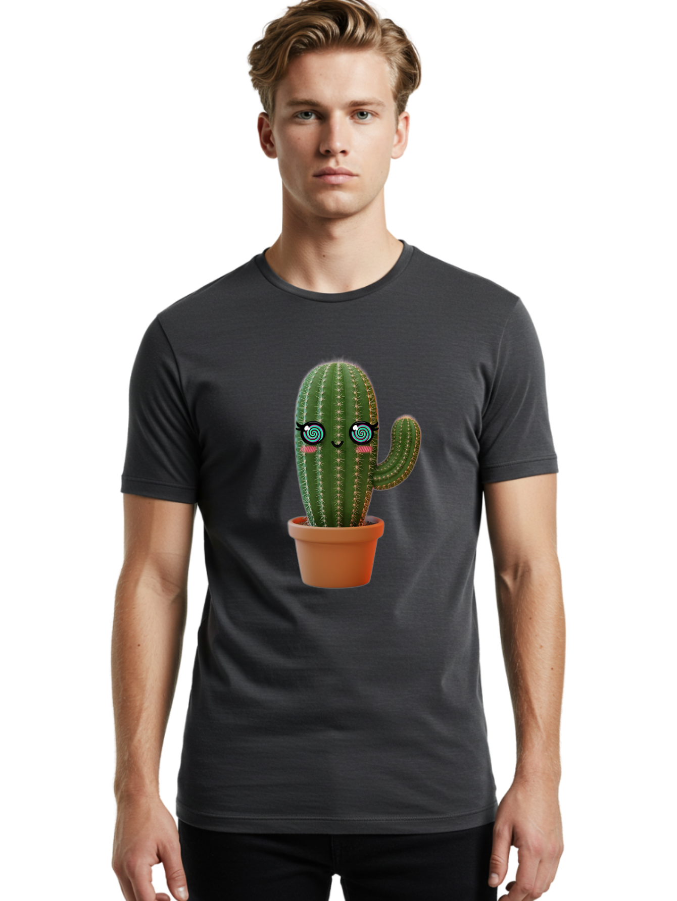 Cactus-Girl Men'S Graphic Tee, 100% Cotton, Comfortable Casual Summer Wear, Machine Washable, Cartoon Cactus, Potted Plant, Kawaii Character, Cacti, Succulent, Digital Art, Quirky Design, Cute Illustration, Fun Home Decor Bac742