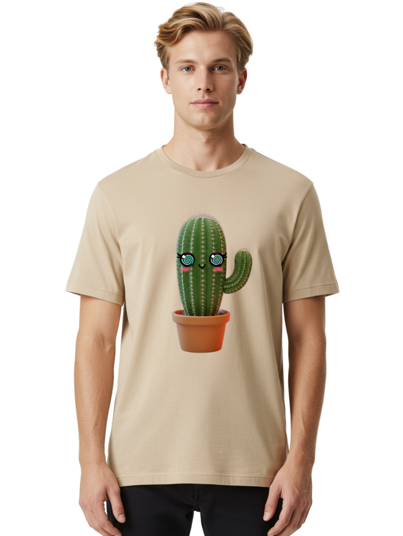 Cactus-Girl Men'S Graphic Tee, 100% Cotton, Comfortable Casual Summer Wear, Machine Washable, Cartoon Cactus, Potted Plant, Kawaii Character, Cacti, Succulent, Digital Art, Quirky Design, Cute Illustration, Fun Home Decor Bac742