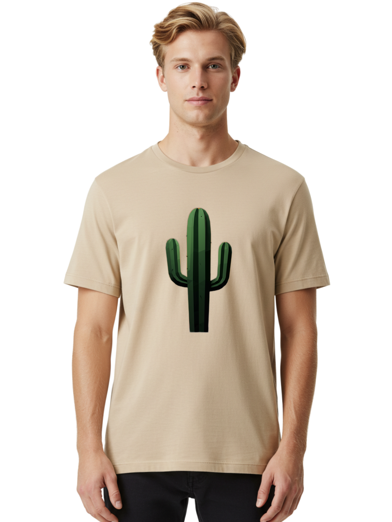 Cactus-Illustration Men'S Graphic Tee, 100% Cotton, Comfortable Casual Summer Wear, Machine Washable, Saguaro Cactus, Desert Plant, Cactus Illustration, Cartoon Cactus, Green Cactus, Simple Design, Minimalist Art Bac743