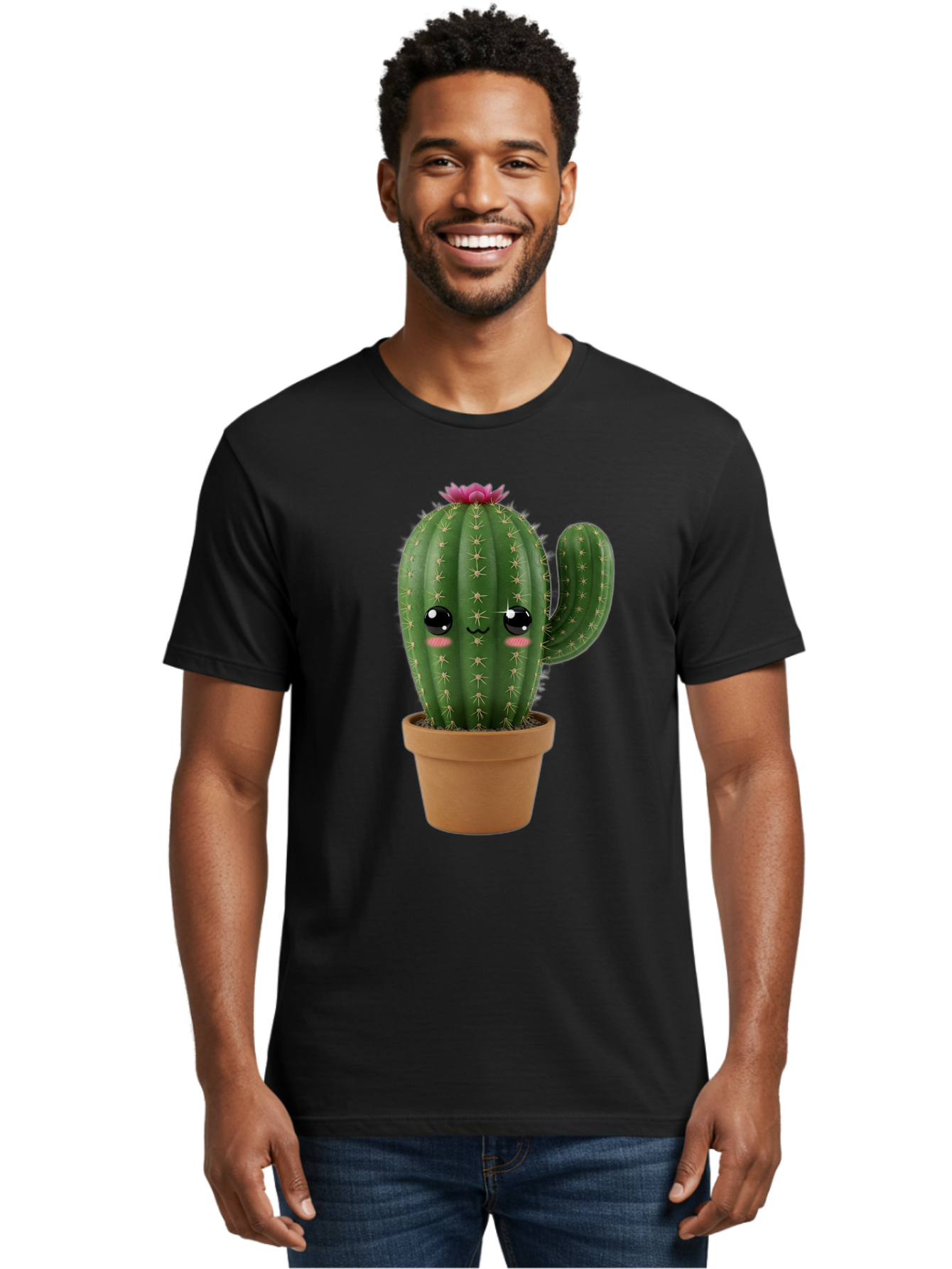 Cactus-In-Pot-1 Men'S Graphic Tee, 100% Cotton, Comfortable Casual Summer Wear, Machine Washable, Cute Cactus, Cartoon Character, Potted Plant, Desert Flora, Green Cactus, Kawaii Design, Adorable Face, Spiky Texture, Terracotta Pot, Bac744