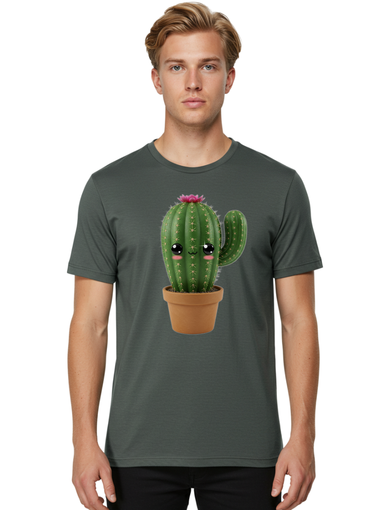 Cactus-In-Pot-1 Men'S Graphic Tee, 100% Cotton, Comfortable Casual Summer Wear, Machine Washable, Cute Cactus, Cartoon Character, Potted Plant, Desert Flora, Green Cactus, Kawaii Design, Adorable Face, Spiky Texture, Terracotta Pot, Bac744