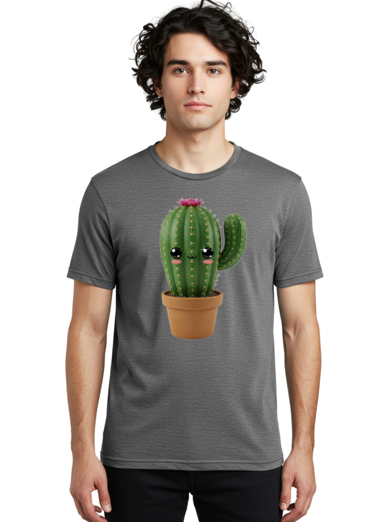 Cactus-In-Pot-1 Men'S Graphic Tee, 100% Cotton, Comfortable Casual Summer Wear, Machine Washable, Cute Cactus, Cartoon Character, Potted Plant, Desert Flora, Green Cactus, Kawaii Design, Adorable Face, Spiky Texture, Terracotta Pot, Bac744