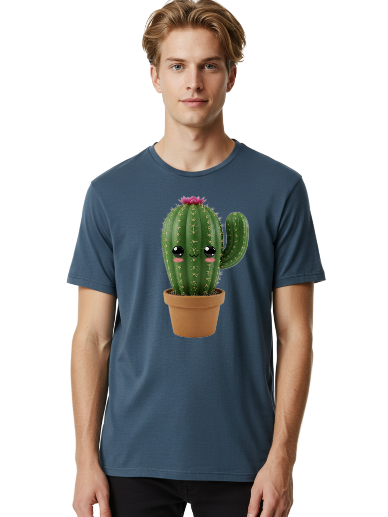 Cactus-In-Pot-1 Men'S Graphic Tee, 100% Cotton, Comfortable Casual Summer Wear, Machine Washable, Cute Cactus, Cartoon Character, Potted Plant, Desert Flora, Green Cactus, Kawaii Design, Adorable Face, Spiky Texture, Terracotta Pot, Bac744