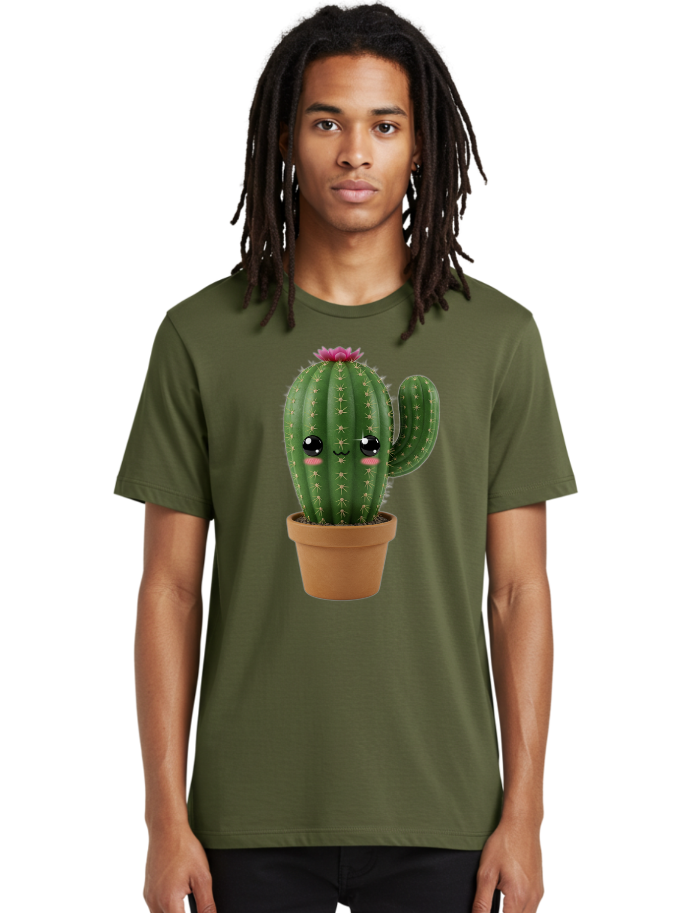 Cactus-In-Pot-1 Men'S Graphic Tee, 100% Cotton, Comfortable Casual Summer Wear, Machine Washable, Cute Cactus, Cartoon Character, Potted Plant, Desert Flora, Green Cactus, Kawaii Design, Adorable Face, Spiky Texture, Terracotta Pot, Bac744