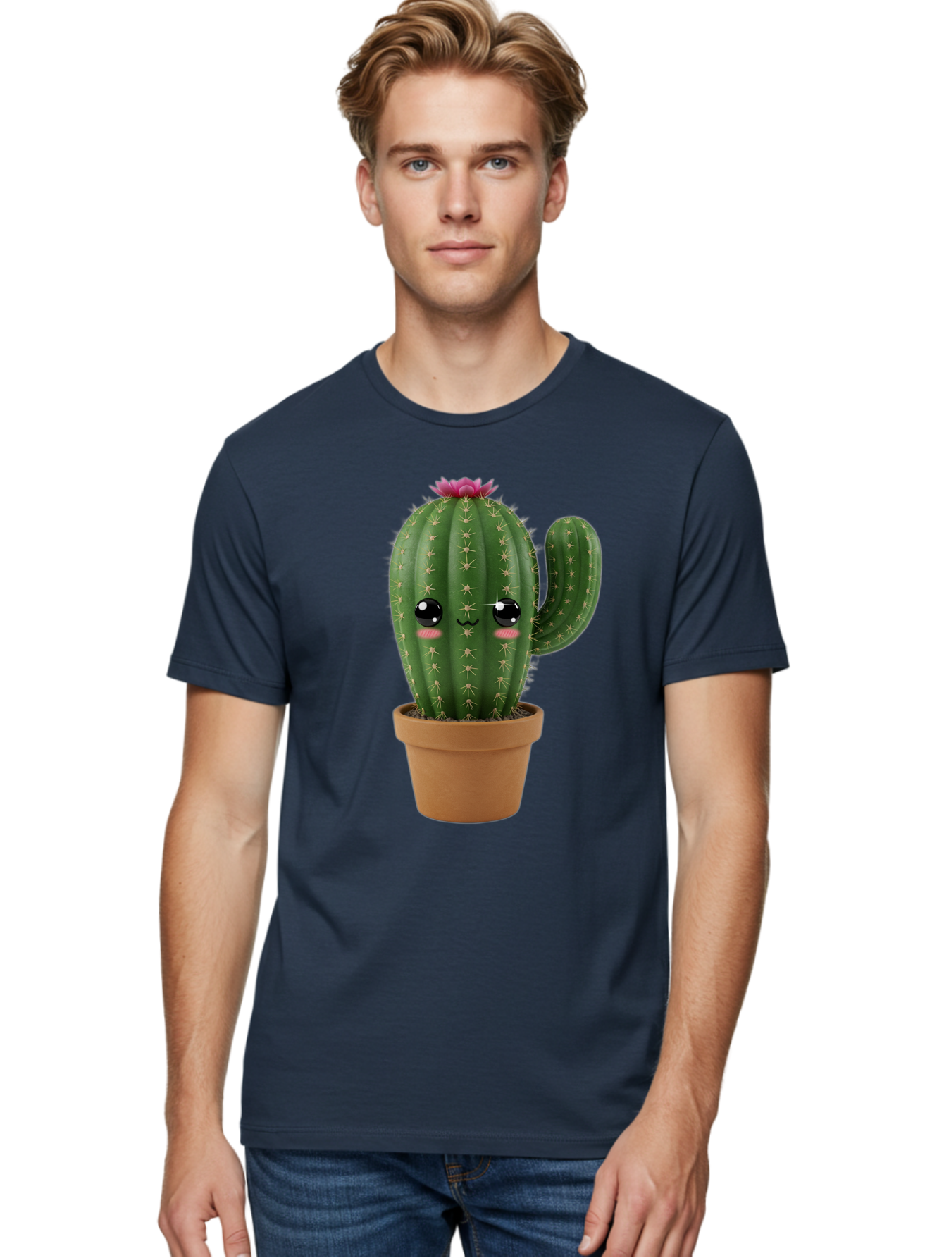 Cactus-In-Pot-1 Men'S Graphic Tee, 100% Cotton, Comfortable Casual Summer Wear, Machine Washable, Cute Cactus, Cartoon Character, Potted Plant, Desert Flora, Green Cactus, Kawaii Design, Adorable Face, Spiky Texture, Terracotta Pot, Bac744