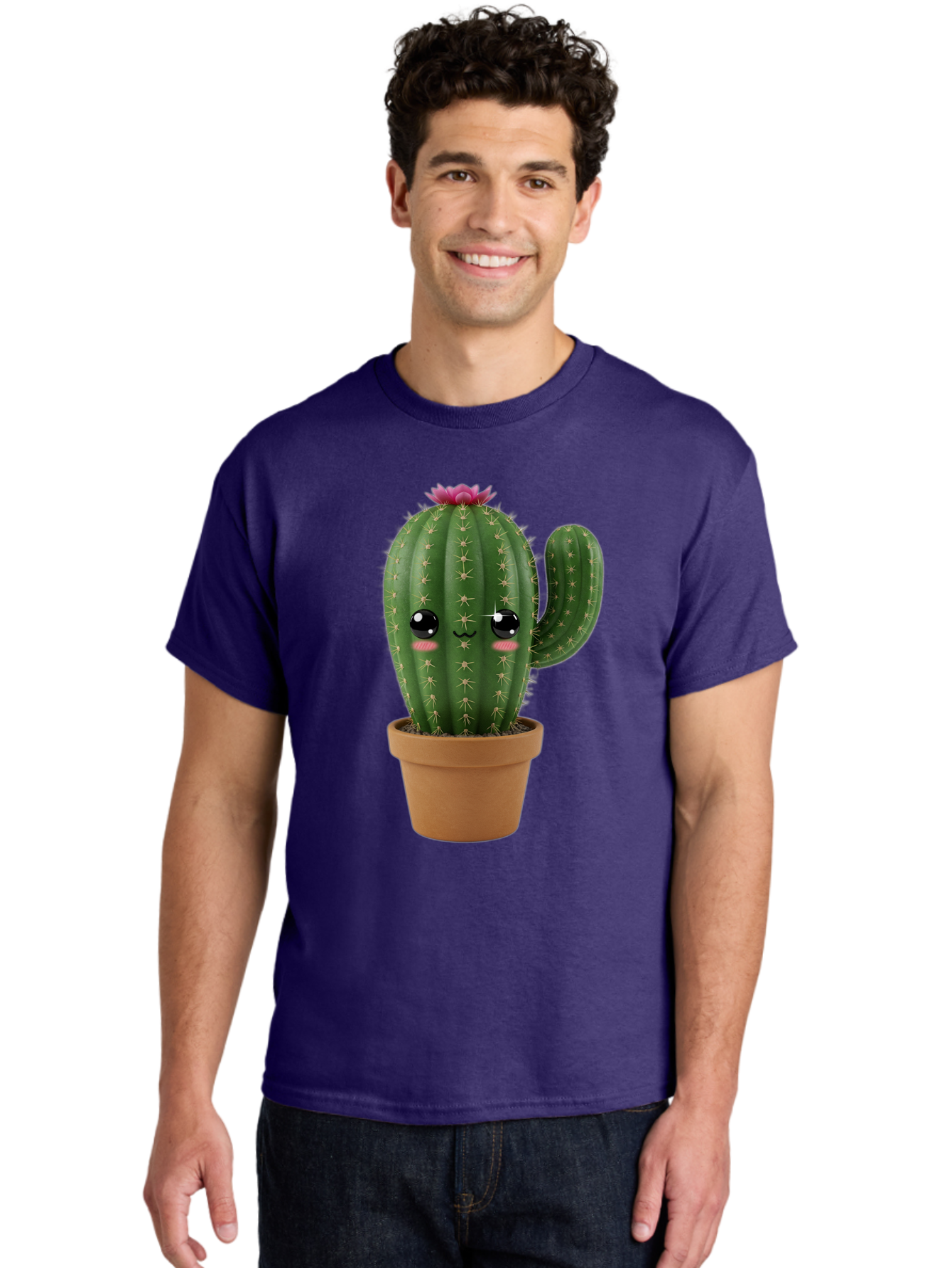 Cactus-In-Pot-1 Men'S Graphic Tee, 100% Cotton, Comfortable Casual Summer Wear, Machine Washable, Cute Cactus, Cartoon Character, Potted Plant, Desert Flora, Green Cactus, Kawaii Design, Adorable Face, Spiky Texture, Terracotta Pot, Bac744