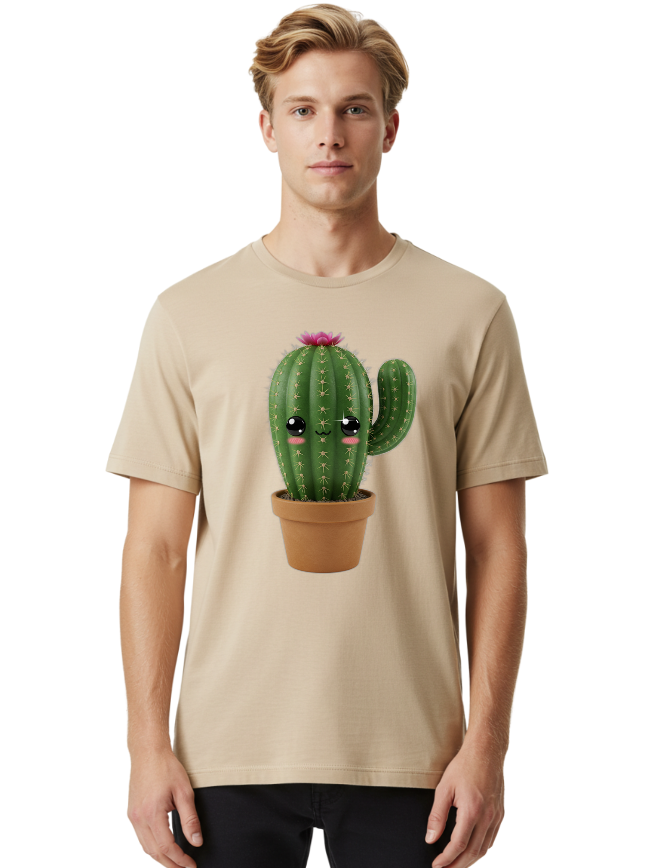 Cactus-In-Pot-1 Men'S Graphic Tee, 100% Cotton, Comfortable Casual Summer Wear, Machine Washable, Cute Cactus, Cartoon Character, Potted Plant, Desert Flora, Green Cactus, Kawaii Design, Adorable Face, Spiky Texture, Terracotta Pot, Bac744