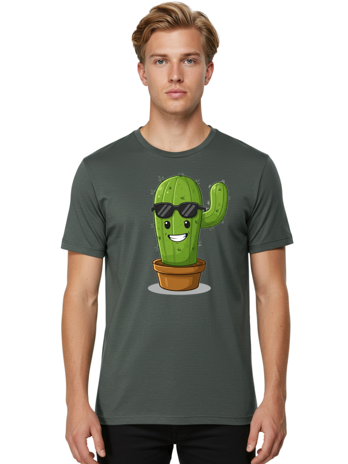 Cactus-In-Shades Men'S Graphic Tee, 100% Cotton, Comfortable Casual Summer Wear, Machine Washable, Cartoon Cactus, Cactus Character, Sunglasses, Potted Plant, Quirky Design, Fun Illustration, Desert Plant, Cool Cactus, Happy Face Bac749