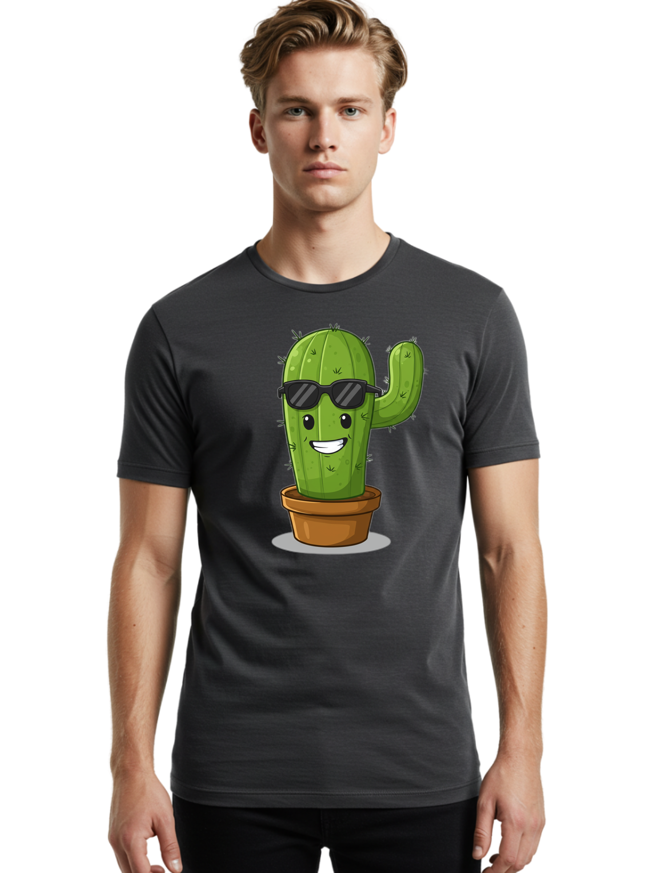 Cactus-In-Shades Men'S Graphic Tee, 100% Cotton, Comfortable Casual Summer Wear, Machine Washable, Cartoon Cactus, Cactus Character, Sunglasses, Potted Plant, Quirky Design, Fun Illustration, Desert Plant, Cool Cactus, Happy Face Bac749