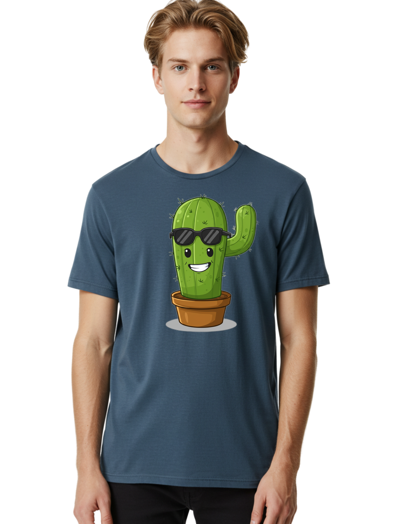 Cactus-In-Shades Men'S Graphic Tee, 100% Cotton, Comfortable Casual Summer Wear, Machine Washable, Cartoon Cactus, Cactus Character, Sunglasses, Potted Plant, Quirky Design, Fun Illustration, Desert Plant, Cool Cactus, Happy Face Bac749