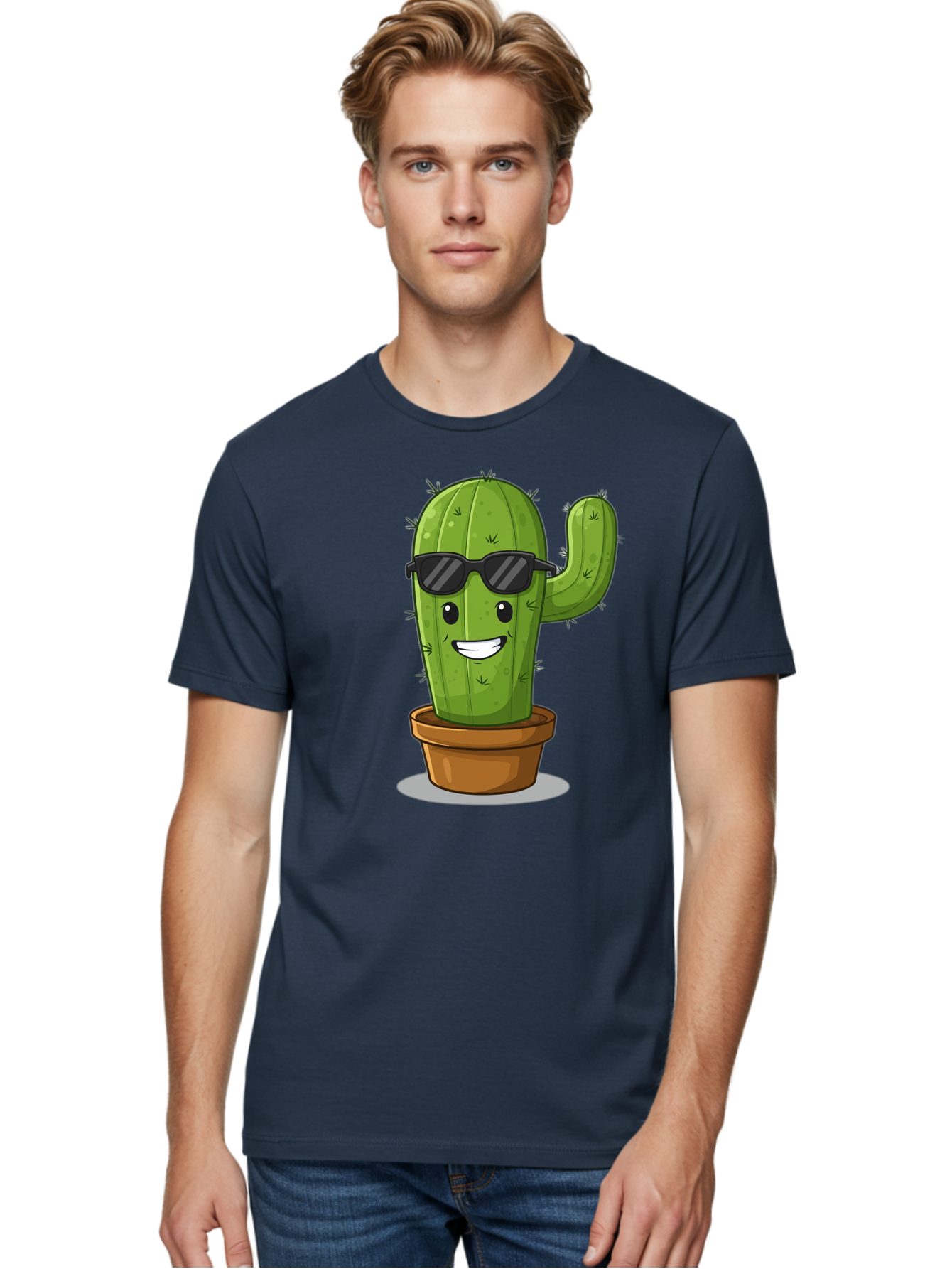 Cactus-In-Shades Men'S Graphic Tee, 100% Cotton, Comfortable Casual Summer Wear, Machine Washable, Cartoon Cactus, Cactus Character, Sunglasses, Potted Plant, Quirky Design, Fun Illustration, Desert Plant, Cool Cactus, Happy Face Bac749