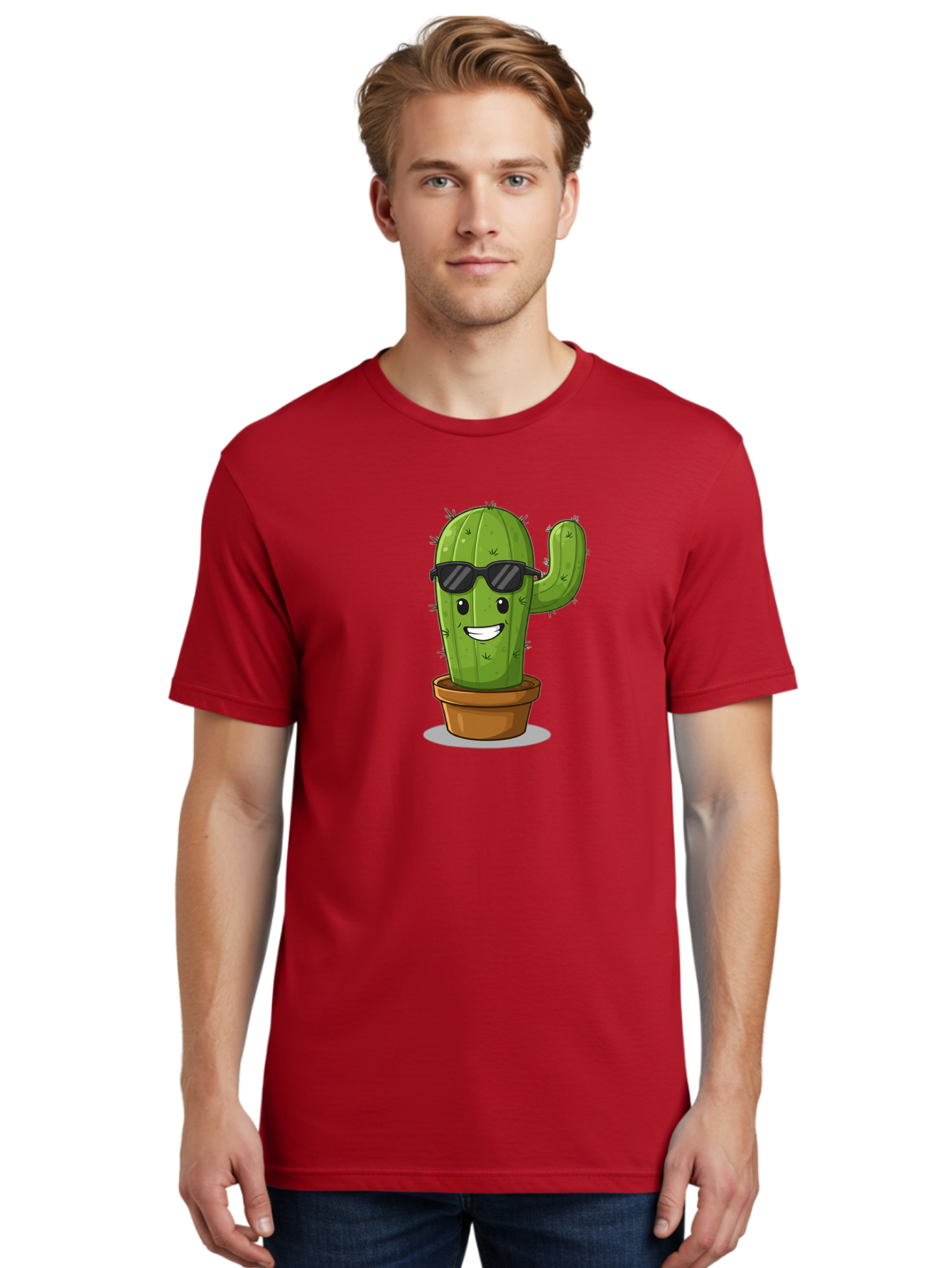 Cactus-In-Shades Men'S Graphic Tee, 100% Cotton, Comfortable Casual Summer Wear, Machine Washable, Cartoon Cactus, Cactus Character, Sunglasses, Potted Plant, Quirky Design, Fun Illustration, Desert Plant, Cool Cactus, Happy Face Bac749
