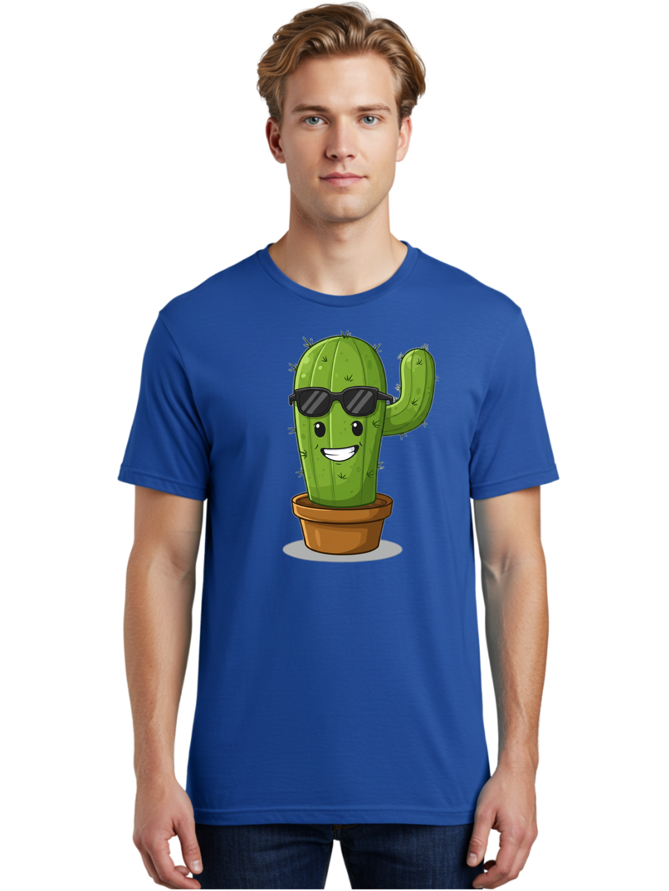 Cactus-In-Shades Men'S Graphic Tee, 100% Cotton, Comfortable Casual Summer Wear, Machine Washable, Cartoon Cactus, Cactus Character, Sunglasses, Potted Plant, Quirky Design, Fun Illustration, Desert Plant, Cool Cactus, Happy Face Bac749