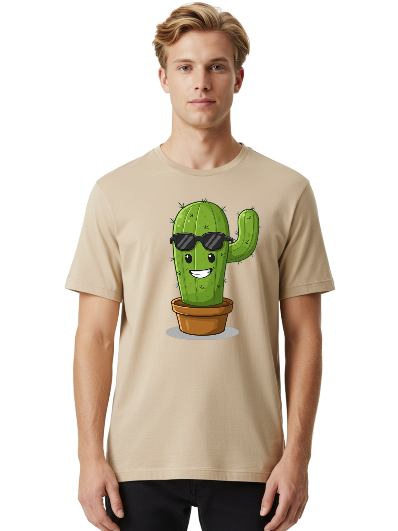 Cactus-In-Shades Men'S Graphic Tee, 100% Cotton, Comfortable Casual Summer Wear, Machine Washable, Cartoon Cactus, Cactus Character, Sunglasses, Potted Plant, Quirky Design, Fun Illustration, Desert Plant, Cool Cactus, Happy Face Bac749