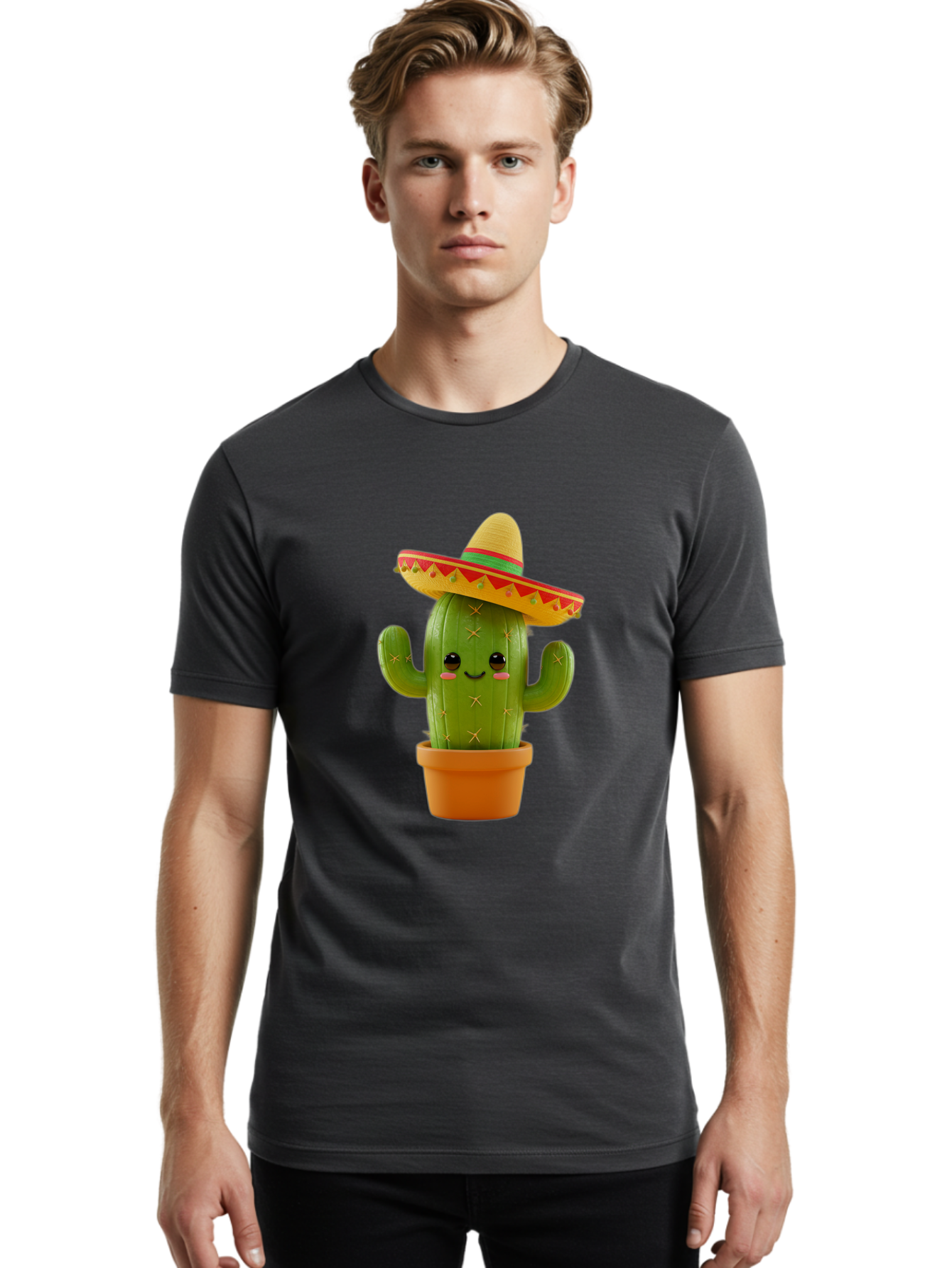 Cactus-In-Sombrero Men'S Graphic Tee, 100% Cotton, Comfortable Casual Summer Wear, Machine Washable, Cartoon Cactus, Smiling Face, Sombrero Hat, Terracotta Pot, Festive Decor, Mexican Culture, Fun Design, Vibrant Colors, Kawaii Style Bac750