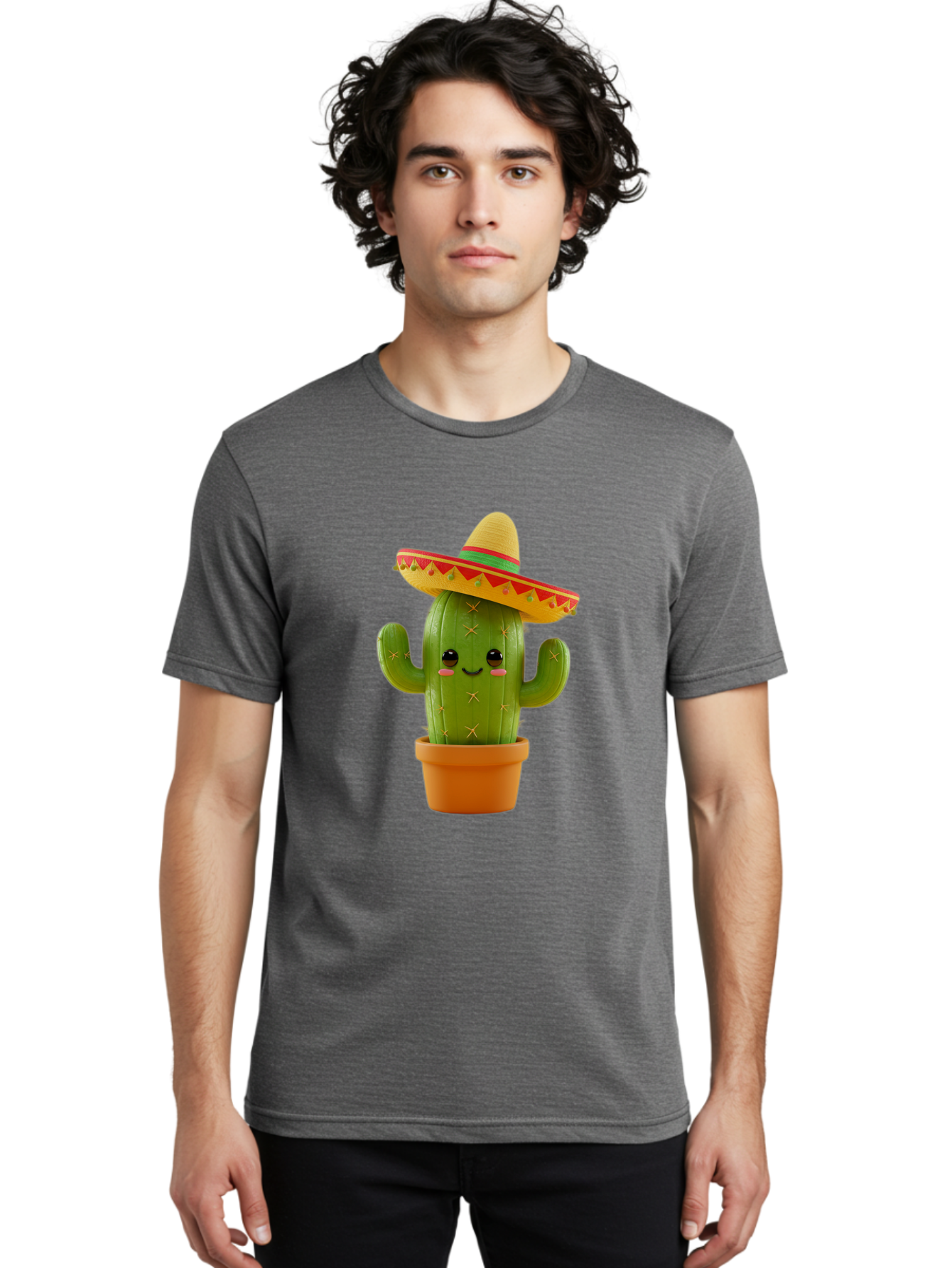 Cactus-In-Sombrero Men'S Graphic Tee, 100% Cotton, Comfortable Casual Summer Wear, Machine Washable, Cartoon Cactus, Smiling Face, Sombrero Hat, Terracotta Pot, Festive Decor, Mexican Culture, Fun Design, Vibrant Colors, Kawaii Style Bac750