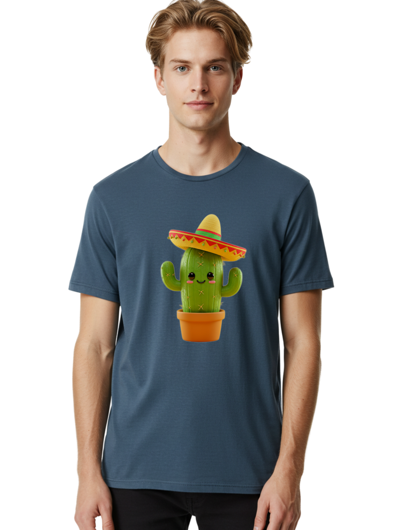 Cactus-In-Sombrero Men'S Graphic Tee, 100% Cotton, Comfortable Casual Summer Wear, Machine Washable, Cartoon Cactus, Smiling Face, Sombrero Hat, Terracotta Pot, Festive Decor, Mexican Culture, Fun Design, Vibrant Colors, Kawaii Style Bac750