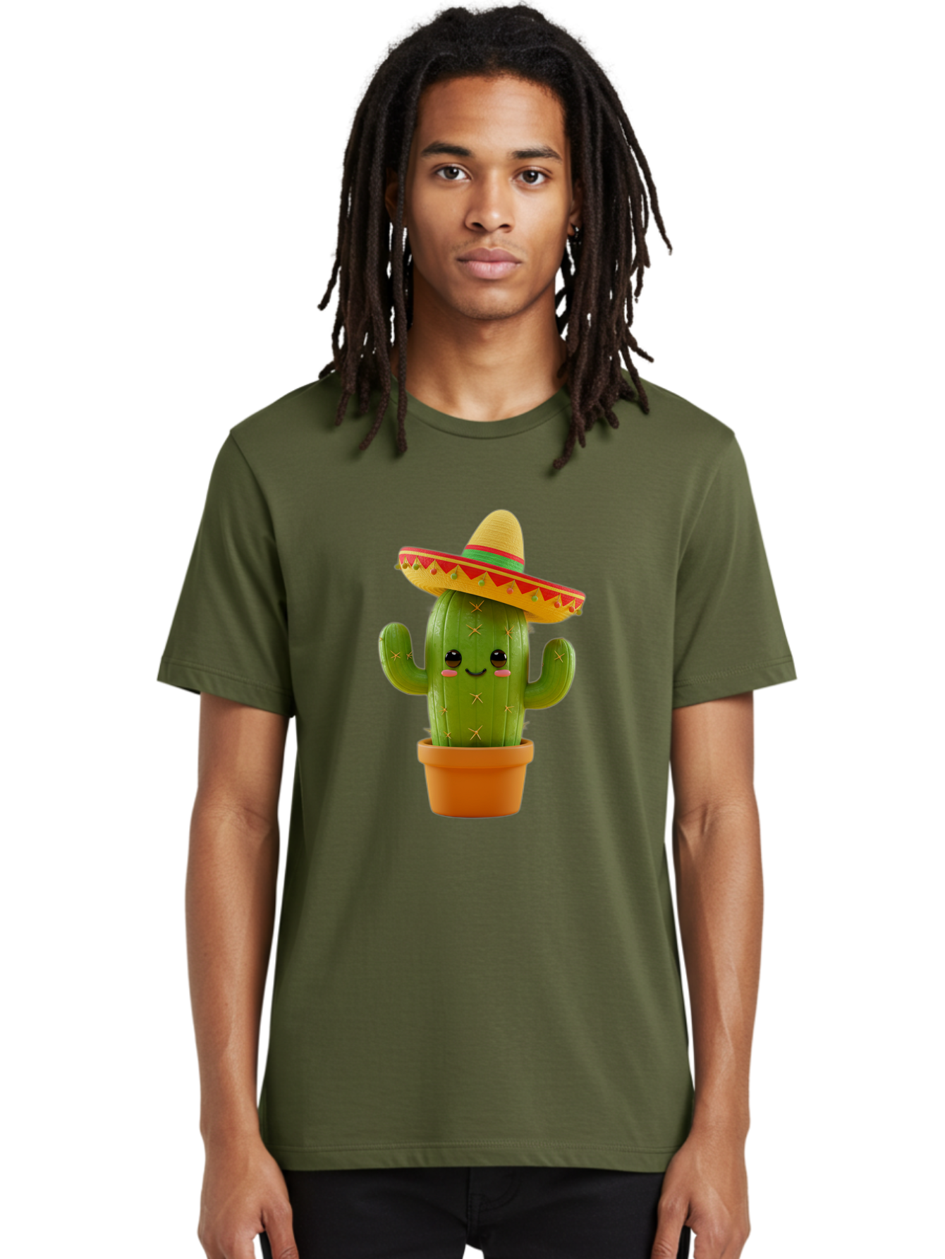 Cactus-In-Sombrero Men'S Graphic Tee, 100% Cotton, Comfortable Casual Summer Wear, Machine Washable, Cartoon Cactus, Smiling Face, Sombrero Hat, Terracotta Pot, Festive Decor, Mexican Culture, Fun Design, Vibrant Colors, Kawaii Style Bac750