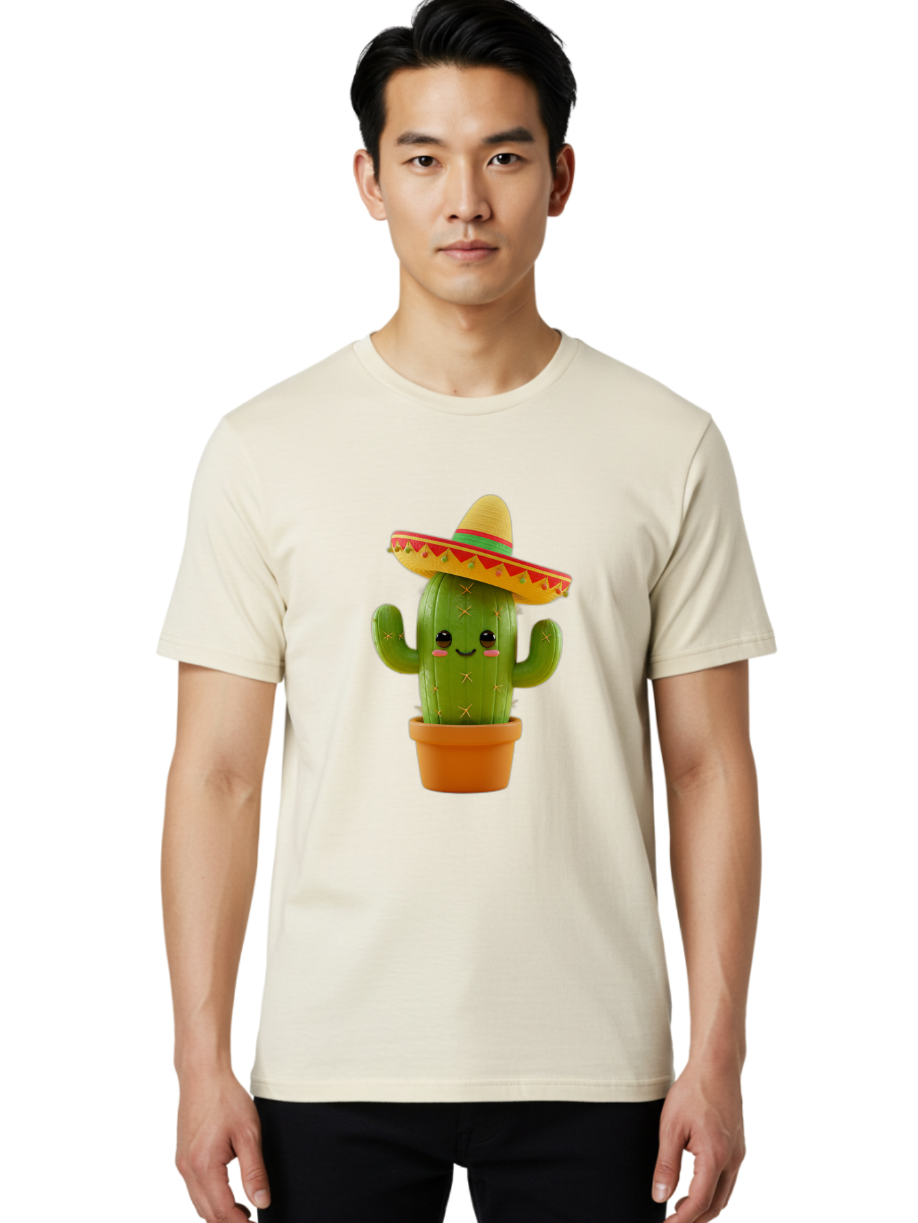 Cactus-In-Sombrero Men'S Graphic Tee, 100% Cotton, Comfortable Casual Summer Wear, Machine Washable, Cartoon Cactus, Smiling Face, Sombrero Hat, Terracotta Pot, Festive Decor, Mexican Culture, Fun Design, Vibrant Colors, Kawaii Style Bac750