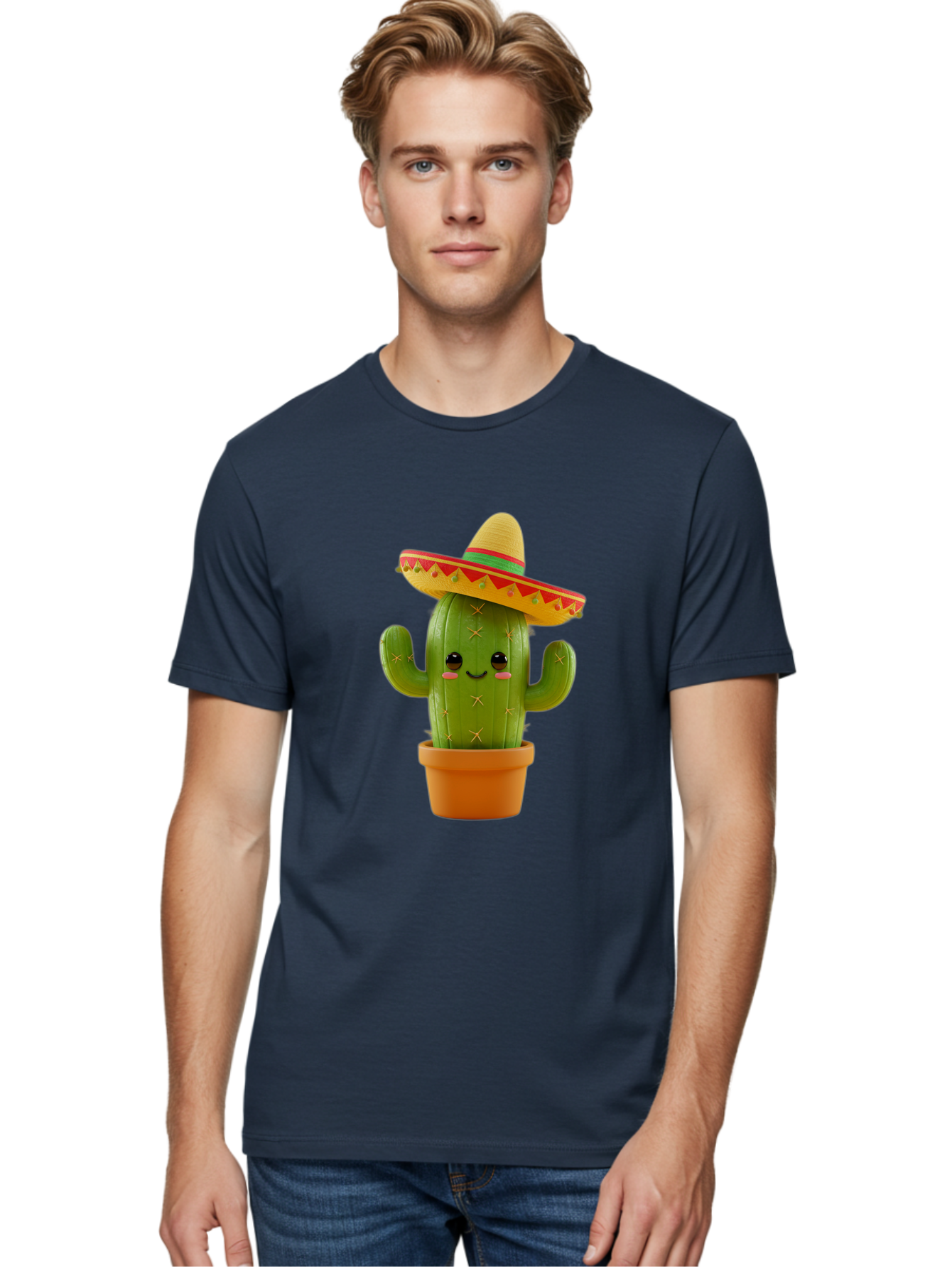 Cactus-In-Sombrero Men'S Graphic Tee, 100% Cotton, Comfortable Casual Summer Wear, Machine Washable, Cartoon Cactus, Smiling Face, Sombrero Hat, Terracotta Pot, Festive Decor, Mexican Culture, Fun Design, Vibrant Colors, Kawaii Style Bac750