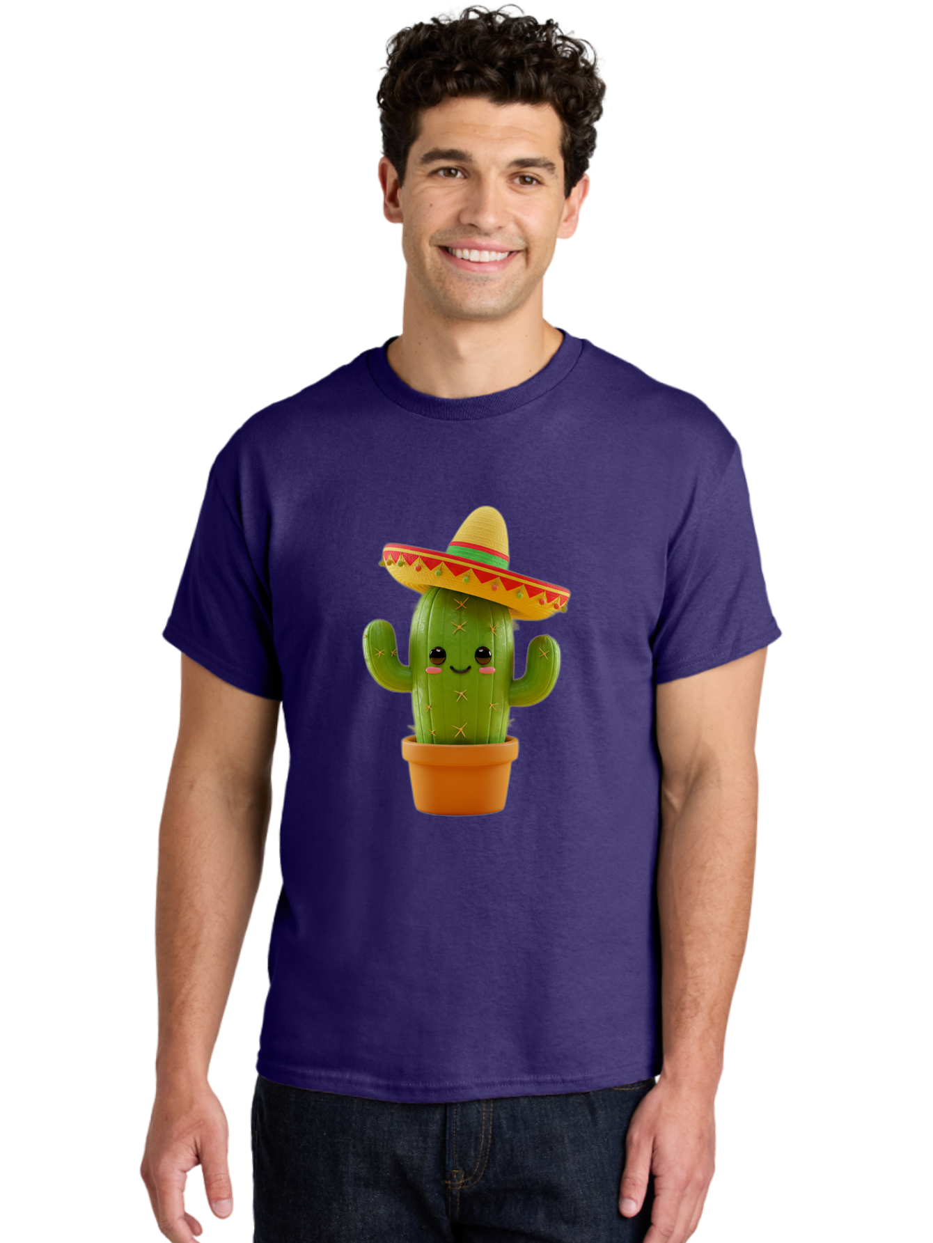 Cactus-In-Sombrero Men'S Graphic Tee, 100% Cotton, Comfortable Casual Summer Wear, Machine Washable, Cartoon Cactus, Smiling Face, Sombrero Hat, Terracotta Pot, Festive Decor, Mexican Culture, Fun Design, Vibrant Colors, Kawaii Style Bac750