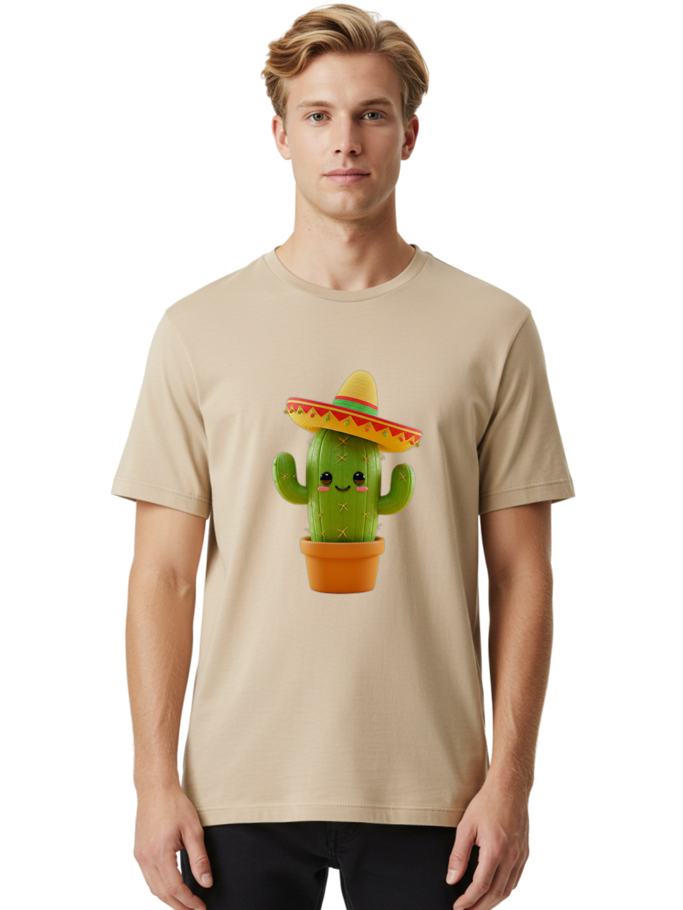 Cactus-In-Sombrero Men'S Graphic Tee, 100% Cotton, Comfortable Casual Summer Wear, Machine Washable, Cartoon Cactus, Smiling Face, Sombrero Hat, Terracotta Pot, Festive Decor, Mexican Culture, Fun Design, Vibrant Colors, Kawaii Style Bac750