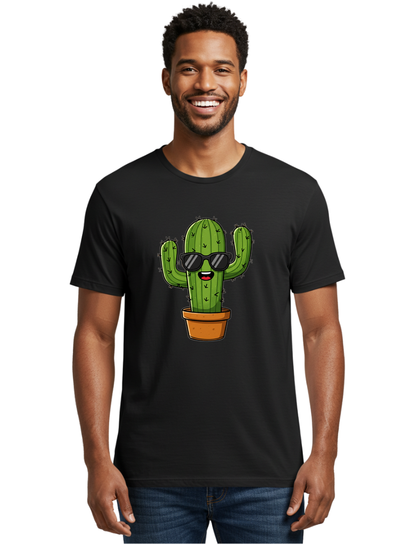 Cactus-In-Sunglasses-1 Men'S Graphic Tee, 100% Cotton, Comfortable Casual Summer Wear, Machine Washable, Cartoon Cactus, Pot, Sunglasses, Happy Face, Spiky Texture, Trendy Decor, Quirky Charm, Fun Design, Humorous Vibe, Cool Cactus, Bac751