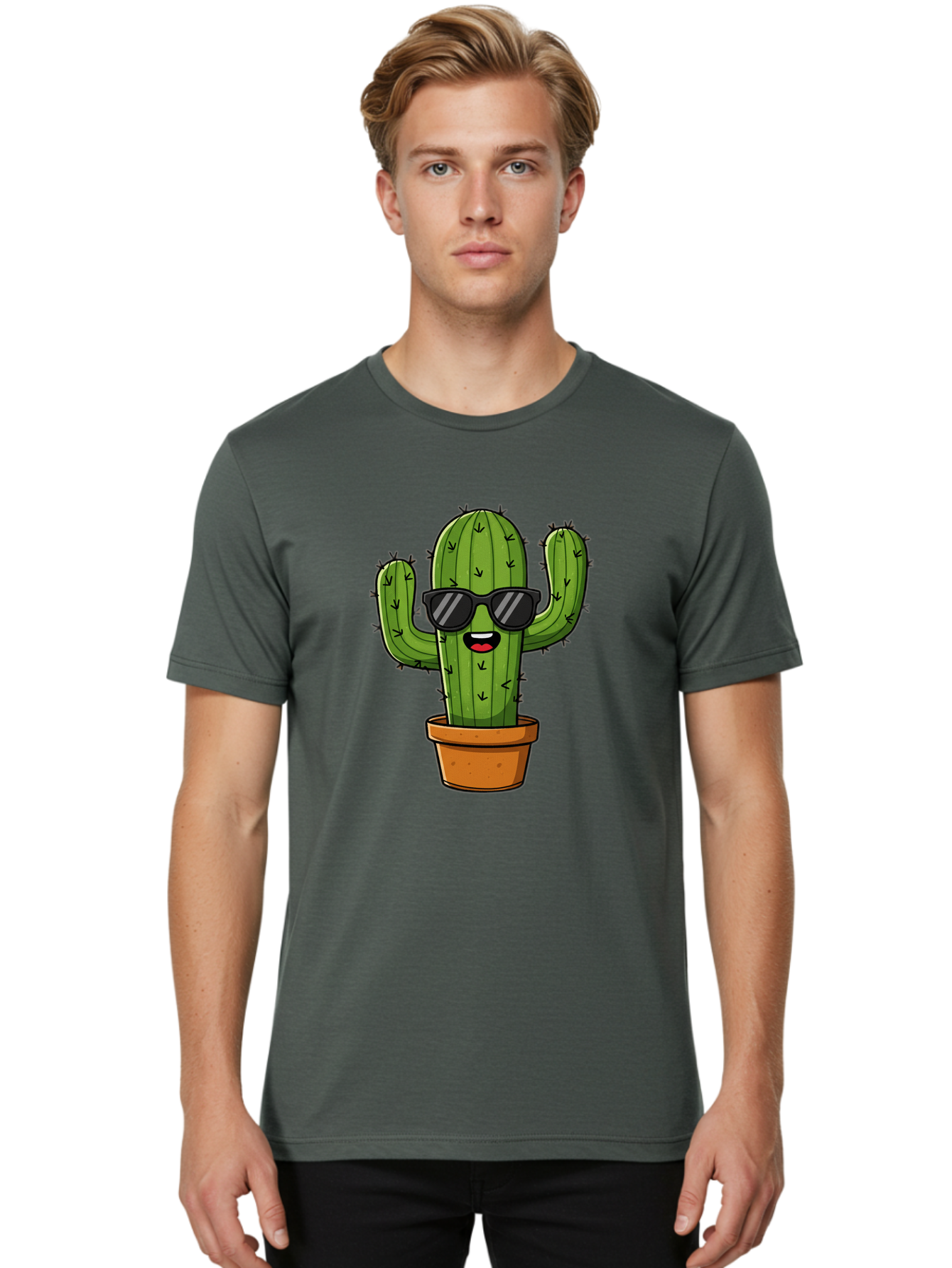 Cactus-In-Sunglasses-1 Men'S Graphic Tee, 100% Cotton, Comfortable Casual Summer Wear, Machine Washable, Cartoon Cactus, Pot, Sunglasses, Happy Face, Spiky Texture, Trendy Decor, Quirky Charm, Fun Design, Humorous Vibe, Cool Cactus, Bac751