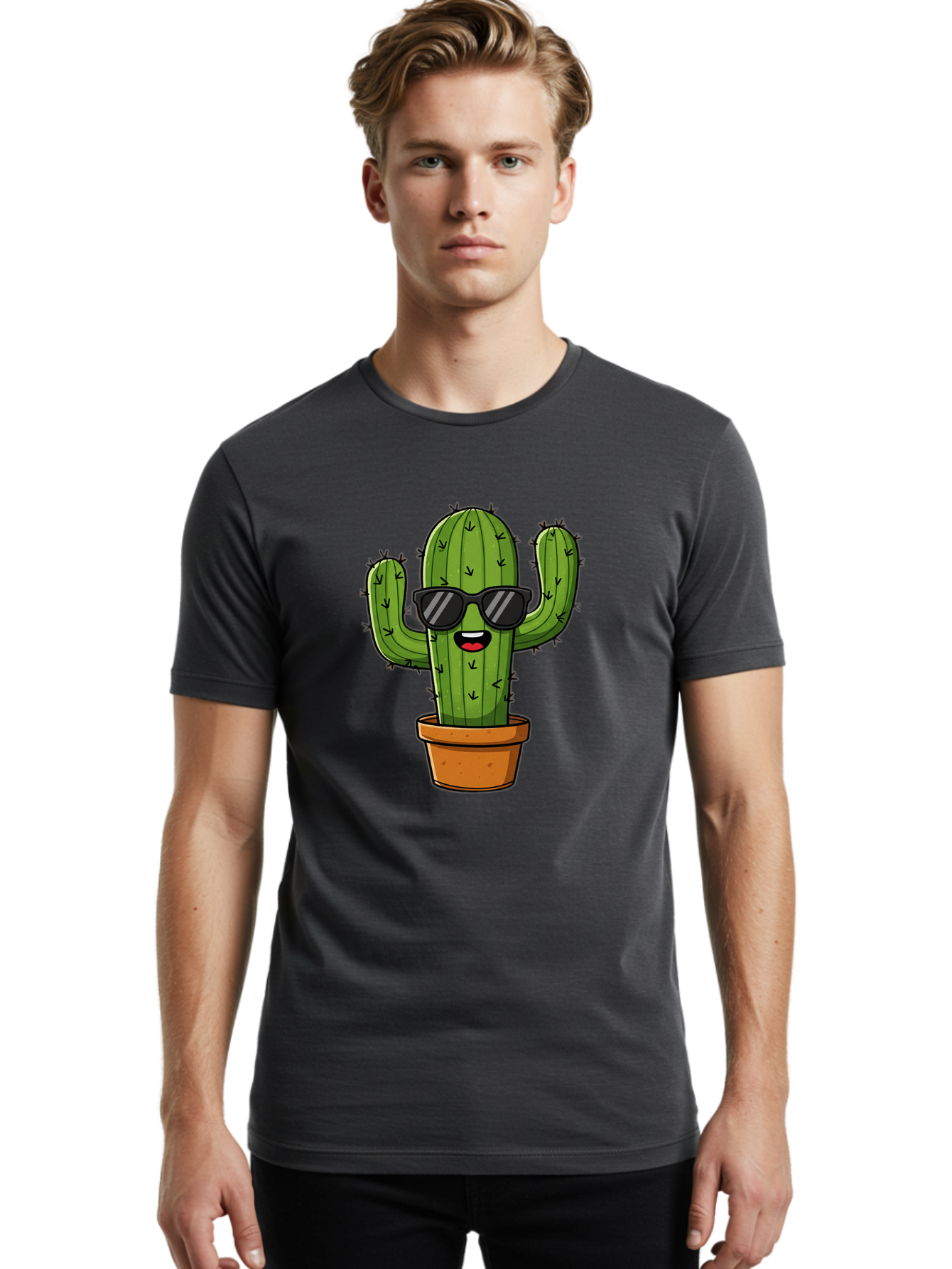 Cactus-In-Sunglasses-1 Men'S Graphic Tee, 100% Cotton, Comfortable Casual Summer Wear, Machine Washable, Cartoon Cactus, Pot, Sunglasses, Happy Face, Spiky Texture, Trendy Decor, Quirky Charm, Fun Design, Humorous Vibe, Cool Cactus, Bac751