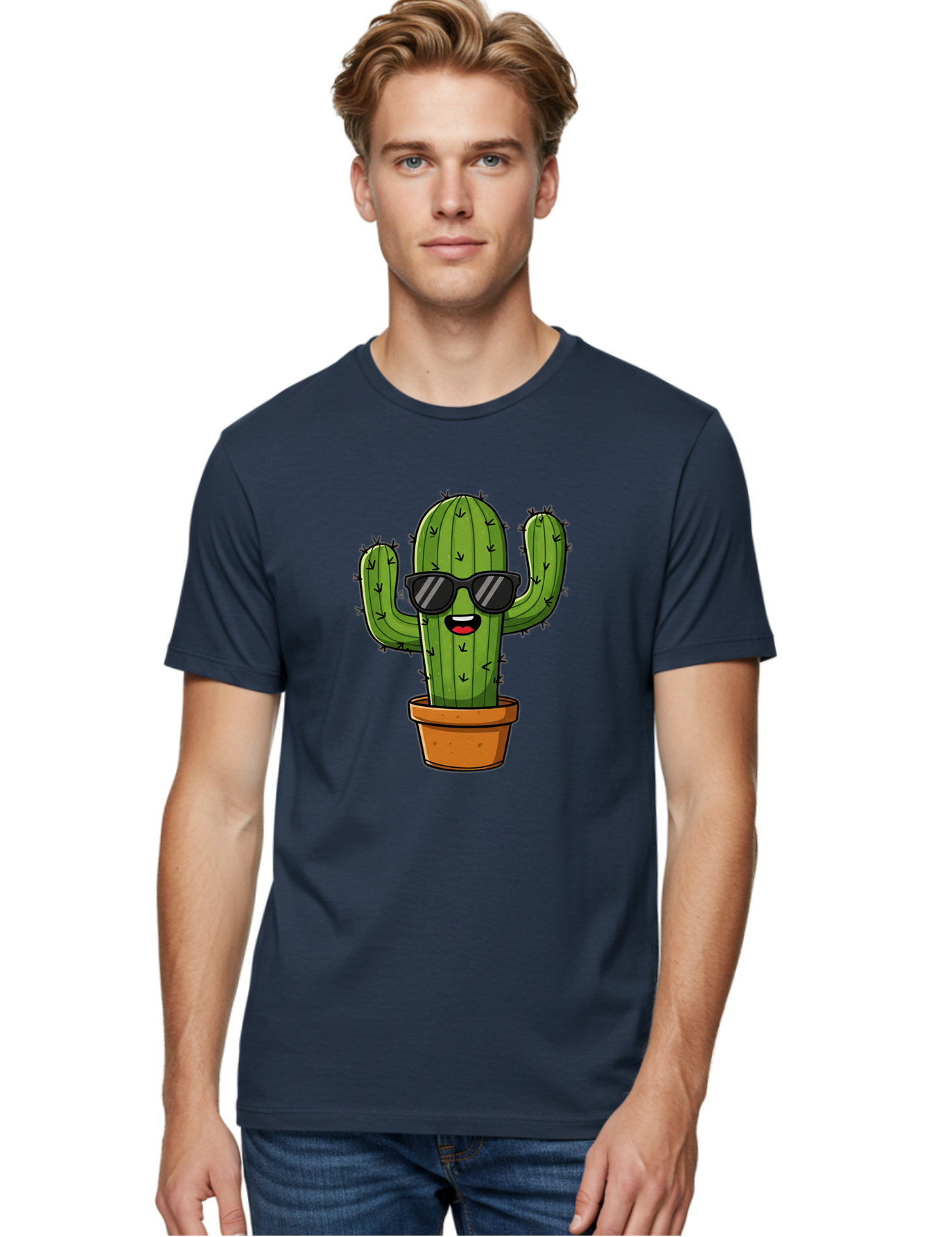 Cactus-In-Sunglasses-1 Men'S Graphic Tee, 100% Cotton, Comfortable Casual Summer Wear, Machine Washable, Cartoon Cactus, Pot, Sunglasses, Happy Face, Spiky Texture, Trendy Decor, Quirky Charm, Fun Design, Humorous Vibe, Cool Cactus, Bac751