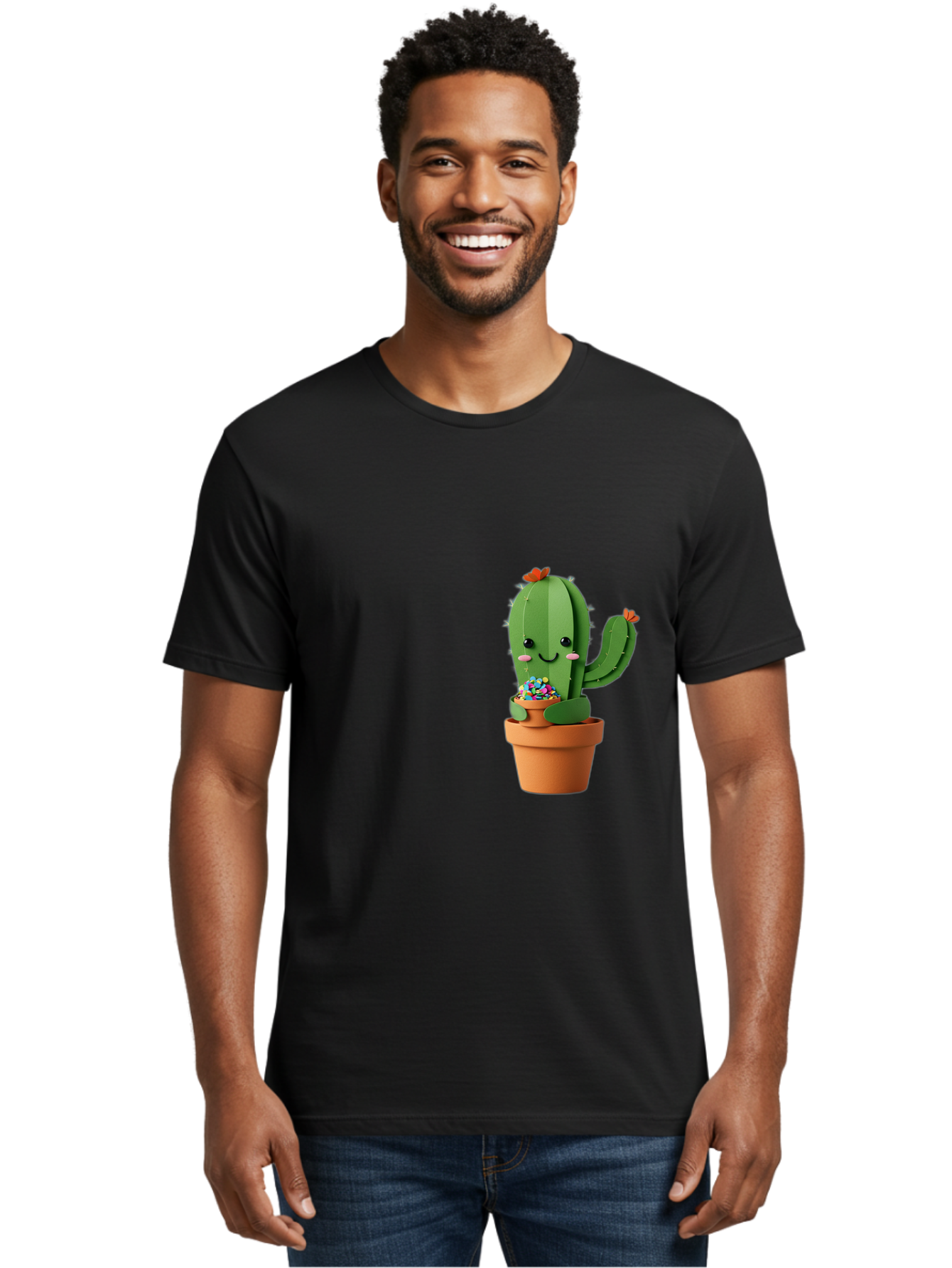Cactus-Kawaii Men'S Graphic Tee, 100% Cotton, Comfortable Casual Summer Wear, Machine Washable, Cartoon Cactus, Cuddly Character, Pot Of Candy, Smiling Face, Cute Design, Adorable Illustration, Kawaii Art Bac753