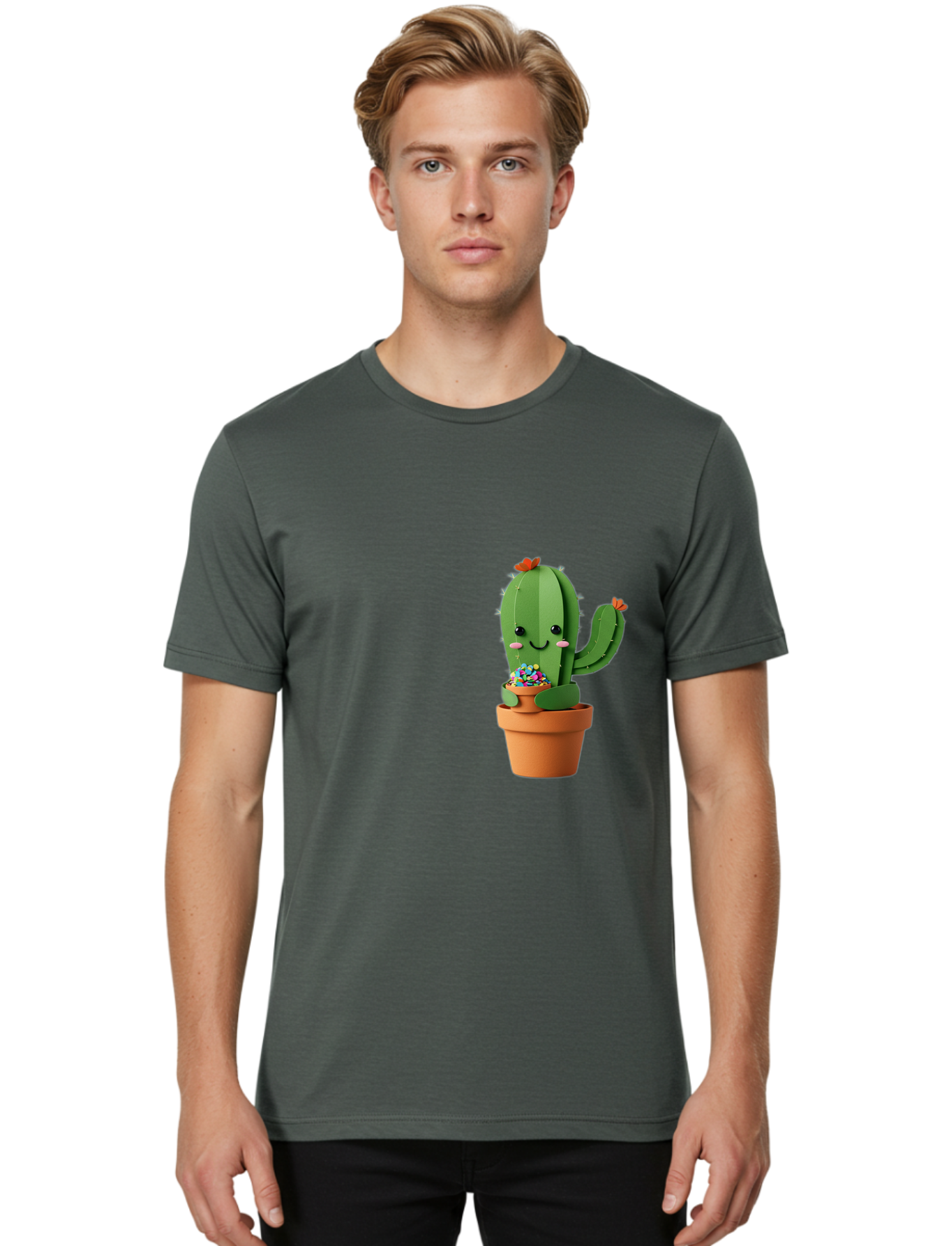 Cactus-Kawaii Men'S Graphic Tee, 100% Cotton, Comfortable Casual Summer Wear, Machine Washable, Cartoon Cactus, Cuddly Character, Pot Of Candy, Smiling Face, Cute Design, Adorable Illustration, Kawaii Art Bac753