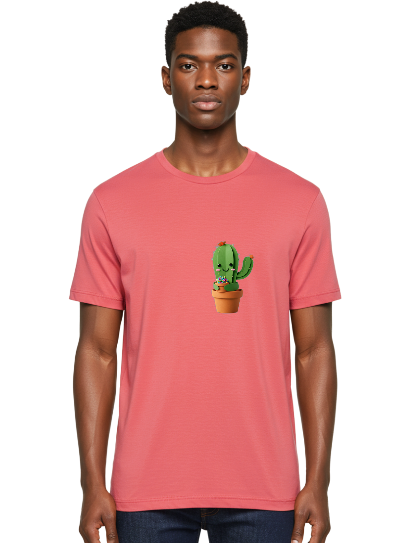 Cactus-Kawaii Men'S Graphic Tee, 100% Cotton, Comfortable Casual Summer Wear, Machine Washable, Cartoon Cactus, Cuddly Character, Pot Of Candy, Smiling Face, Cute Design, Adorable Illustration, Kawaii Art Bac753