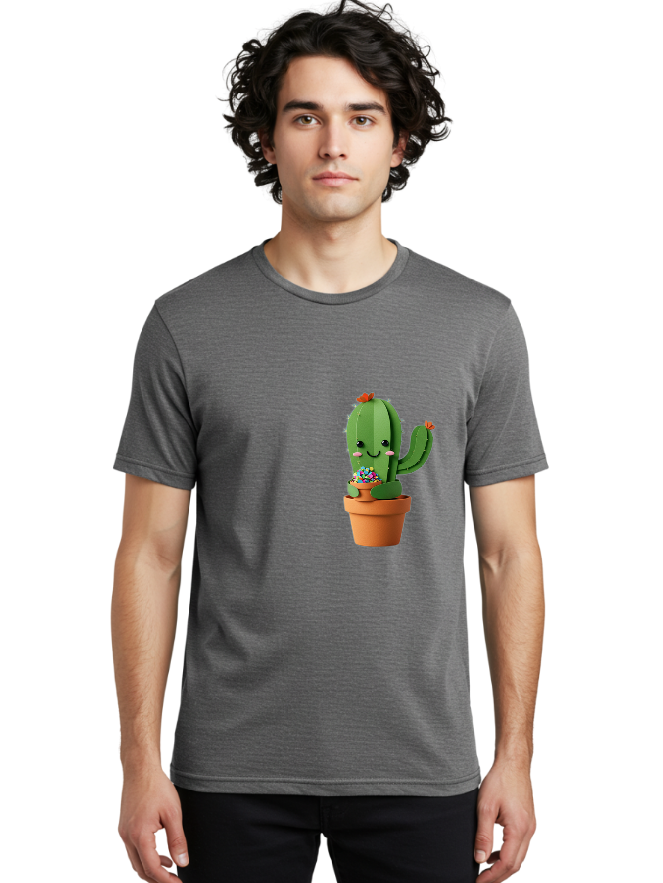 Cactus-Kawaii Men'S Graphic Tee, 100% Cotton, Comfortable Casual Summer Wear, Machine Washable, Cartoon Cactus, Cuddly Character, Pot Of Candy, Smiling Face, Cute Design, Adorable Illustration, Kawaii Art Bac753