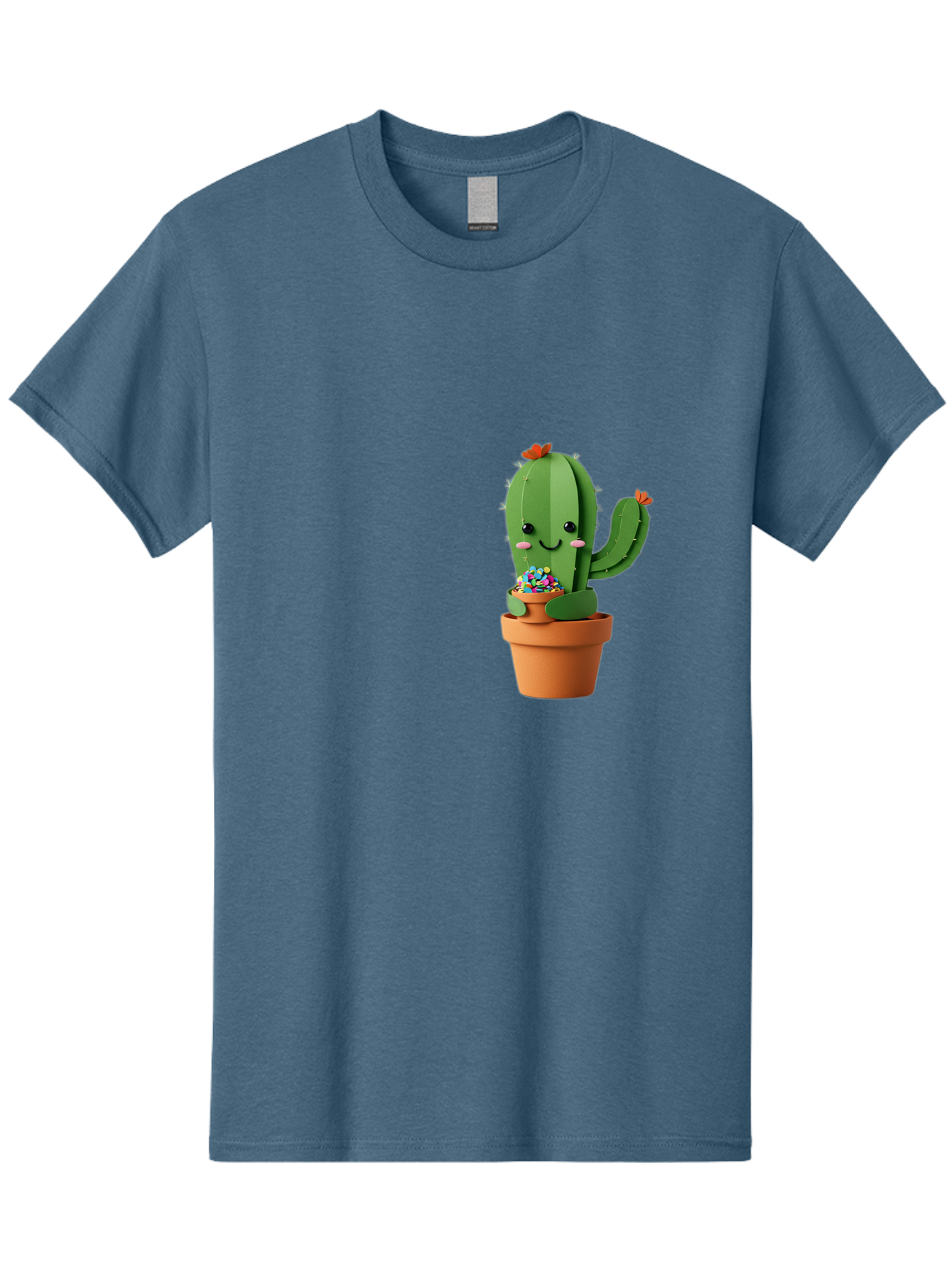 Cactus-Kawaii Men'S Graphic Tee, 100% Cotton, Comfortable Casual Summer Wear, Machine Washable, Cartoon Cactus, Cuddly Character, Pot Of Candy, Smiling Face, Cute Design, Adorable Illustration, Kawaii Art Bac753