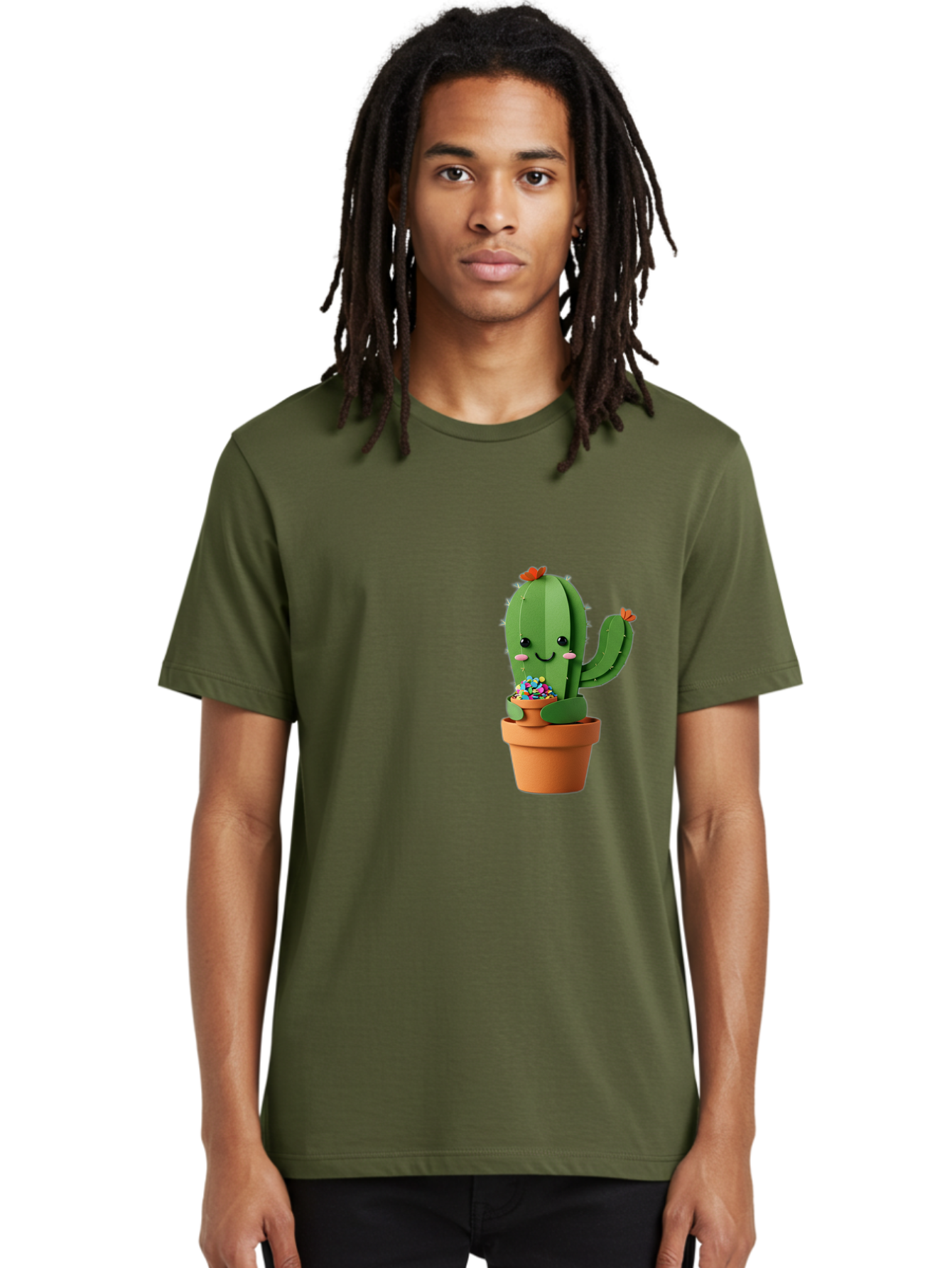 Cactus-Kawaii Men'S Graphic Tee, 100% Cotton, Comfortable Casual Summer Wear, Machine Washable, Cartoon Cactus, Cuddly Character, Pot Of Candy, Smiling Face, Cute Design, Adorable Illustration, Kawaii Art Bac753