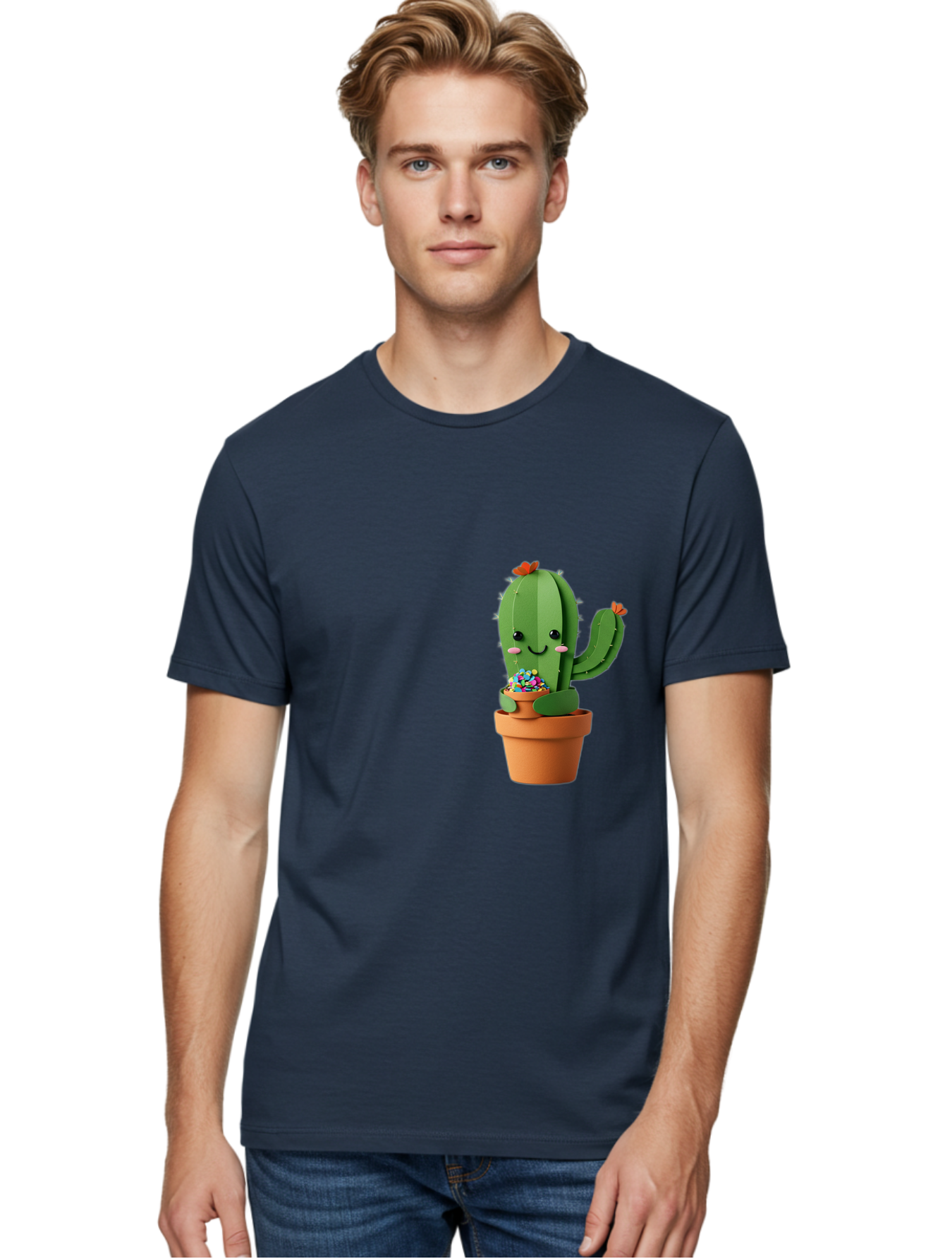Cactus-Kawaii Men'S Graphic Tee, 100% Cotton, Comfortable Casual Summer Wear, Machine Washable, Cartoon Cactus, Cuddly Character, Pot Of Candy, Smiling Face, Cute Design, Adorable Illustration, Kawaii Art Bac753