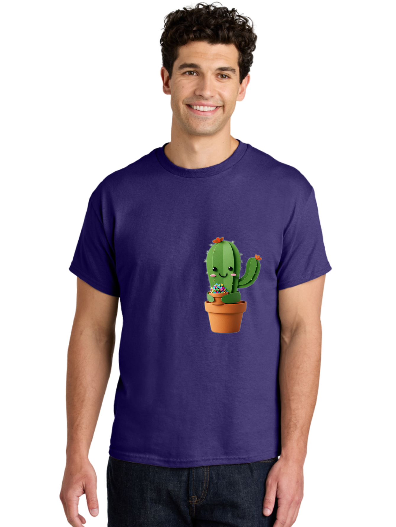 Cactus-Kawaii Men'S Graphic Tee, 100% Cotton, Comfortable Casual Summer Wear, Machine Washable, Cartoon Cactus, Cuddly Character, Pot Of Candy, Smiling Face, Cute Design, Adorable Illustration, Kawaii Art Bac753