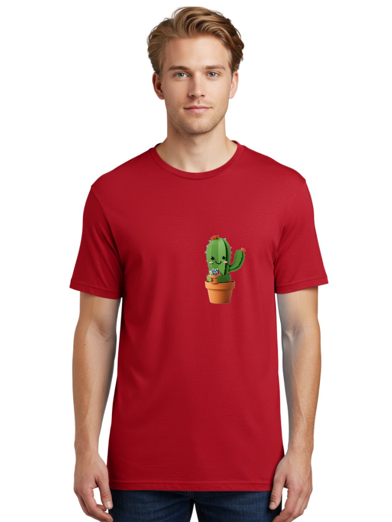 Cactus-Kawaii Men'S Graphic Tee, 100% Cotton, Comfortable Casual Summer Wear, Machine Washable, Cartoon Cactus, Cuddly Character, Pot Of Candy, Smiling Face, Cute Design, Adorable Illustration, Kawaii Art Bac753
