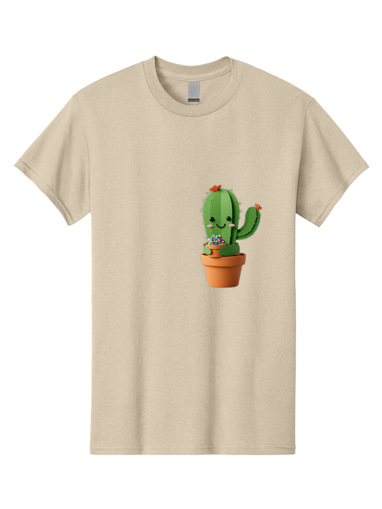 Cactus-Kawaii Men'S Graphic Tee, 100% Cotton, Comfortable Casual Summer Wear, Machine Washable, Cartoon Cactus, Cuddly Character, Pot Of Candy, Smiling Face, Cute Design, Adorable Illustration, Kawaii Art Bac753