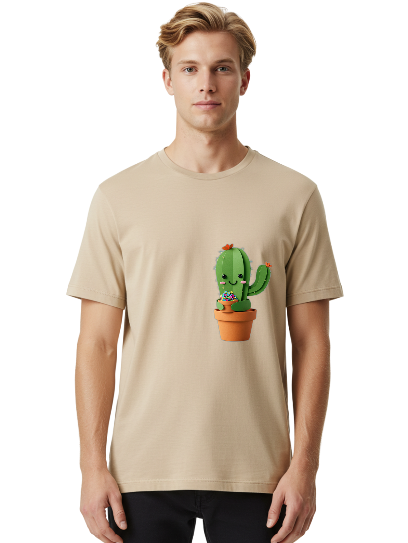 Cactus-Kawaii Men'S Graphic Tee, 100% Cotton, Comfortable Casual Summer Wear, Machine Washable, Cartoon Cactus, Cuddly Character, Pot Of Candy, Smiling Face, Cute Design, Adorable Illustration, Kawaii Art Bac753
